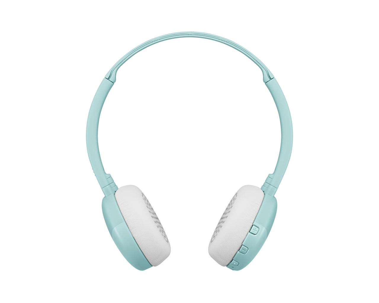 Un paio di cuffie azzurre e bianche. L'archetto si inarca, con i padiglioni auricolari su entrambi i lati, su sfondo bianco.