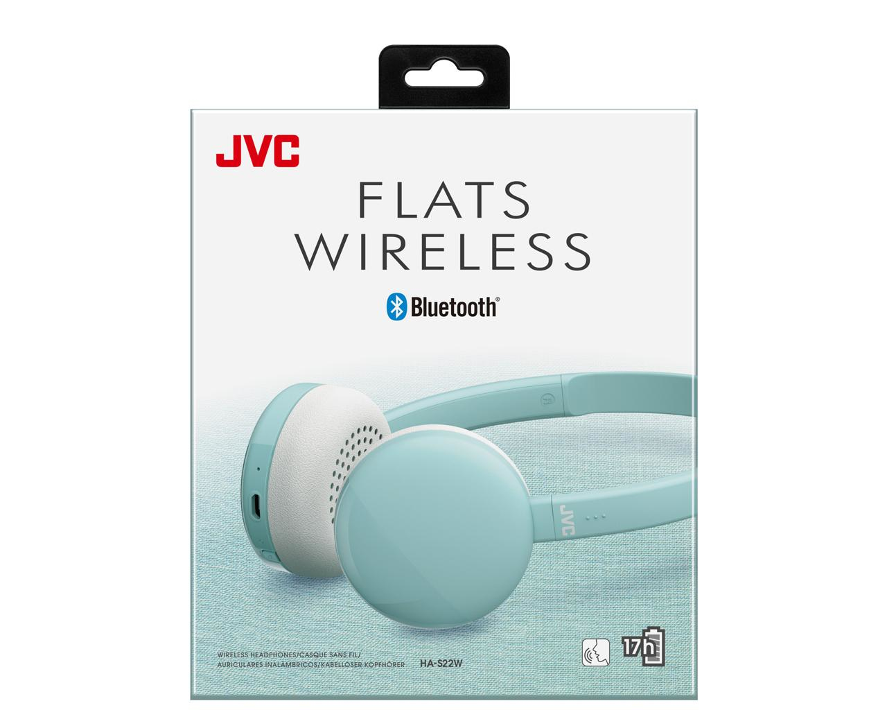 Scatola mostra cuffie JVC Flats Wireless. Le cuffie sono verde menta con cuscinetti bianchi. Logo Bluetooth visibile.