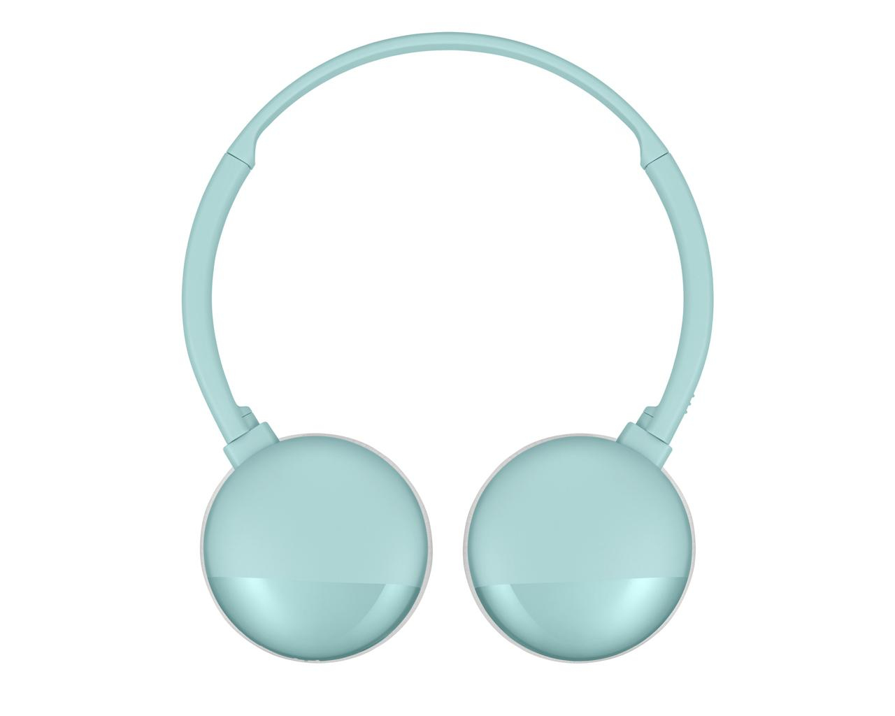 Un'auricolare a fascia da collo azzurra con due auricolari rotondi. La fascia si incurva sopra, collegandosi agli auricolari.