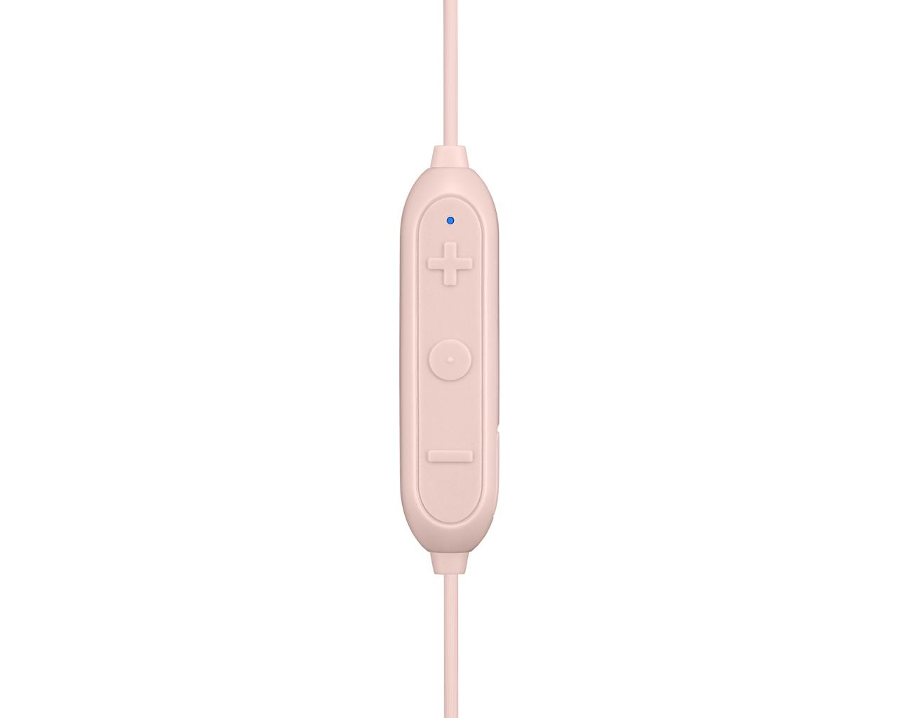 Un primo piano di un controllo delle cuffie rosa. Ha un più, un cerchio e una barra. Un piccolo punto blu è in alto.