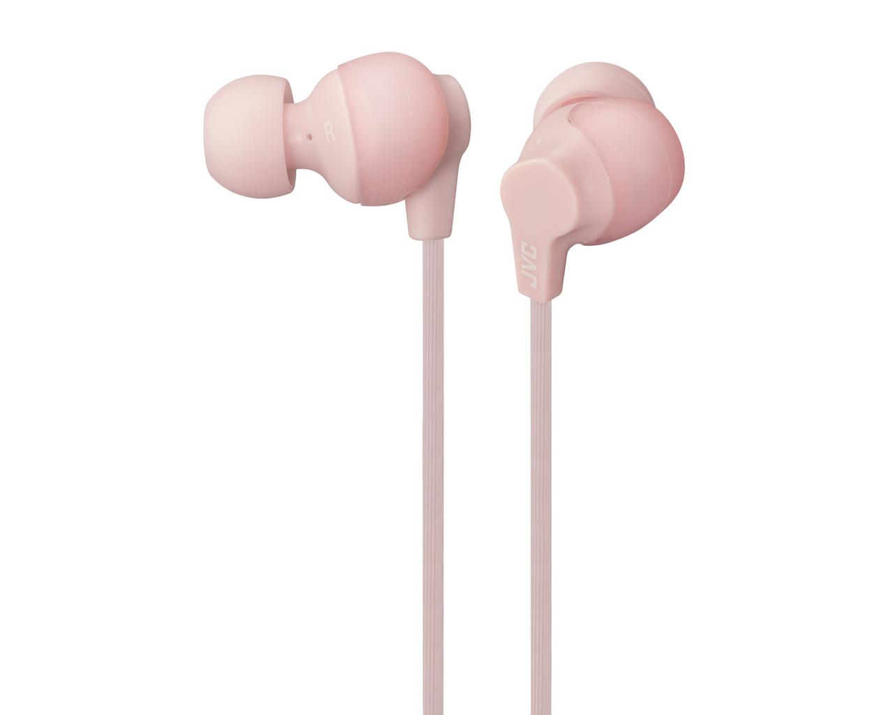 Due auricolari JVC rosa, con gommini e cavi, su sfondo bianco. L'auricolare sinistro ha una 'R'.