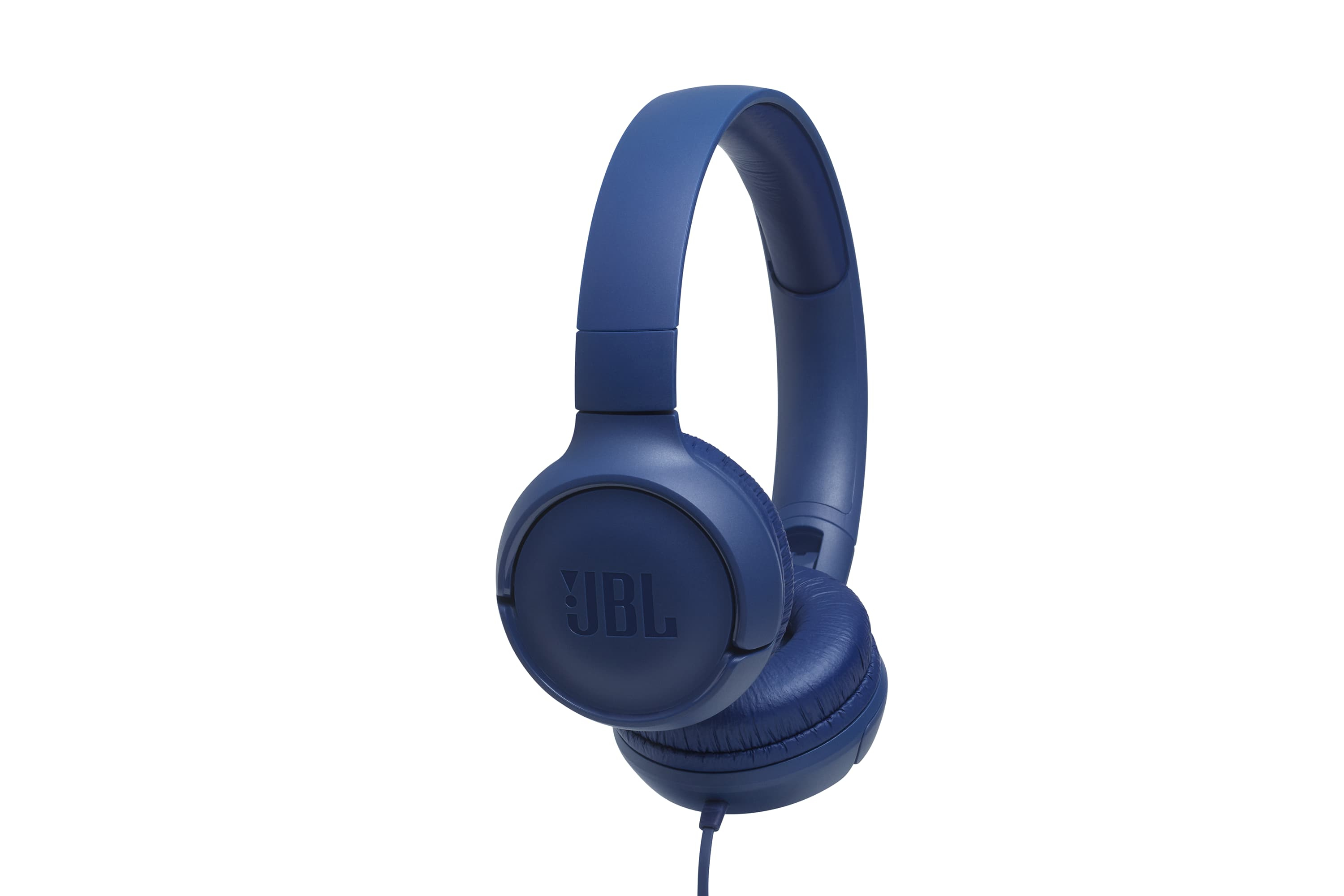 Blue JBL headphones on a white background. The headphones are wired.