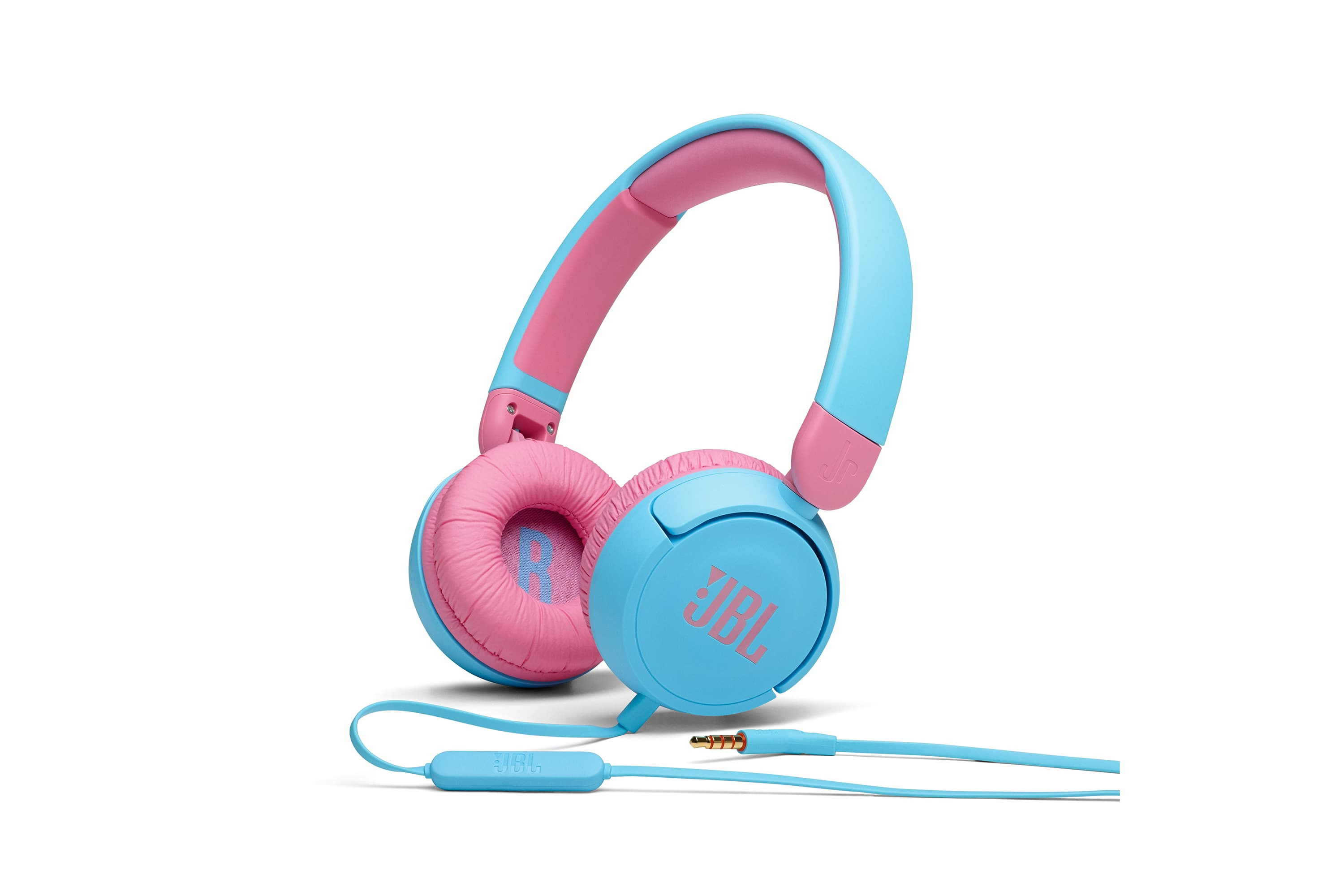 Niebieskie i różowe słuchawki JBL na białym tle. Słuchawki mają kabel i kontrolę.