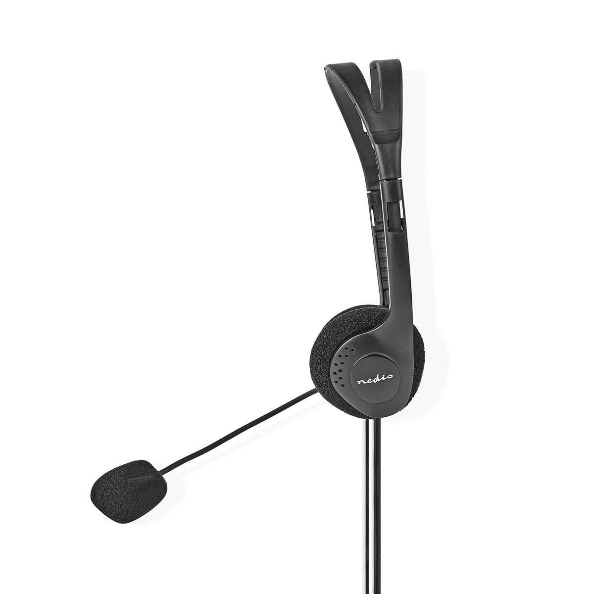 Zwarte headset met microfoon op een witte achtergrond. Het heeft een gewatteerde oorschelp en een flexibele microfoon.