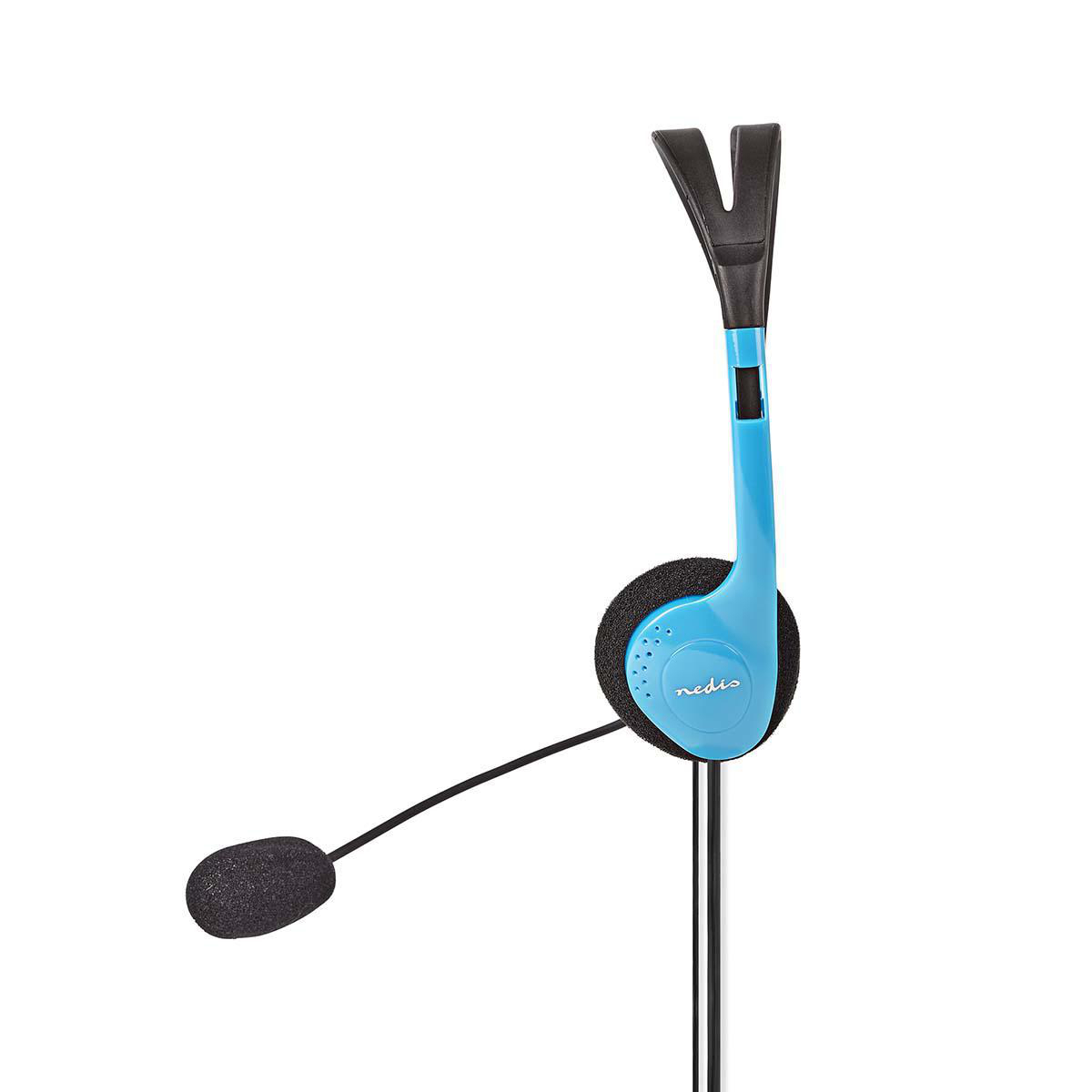 Een blauwzwarte Nedis-headset met een microfoon. Het heeft een gewatteerde oorschelp en een flexibele microfoonarm. De achtergrond is wit.