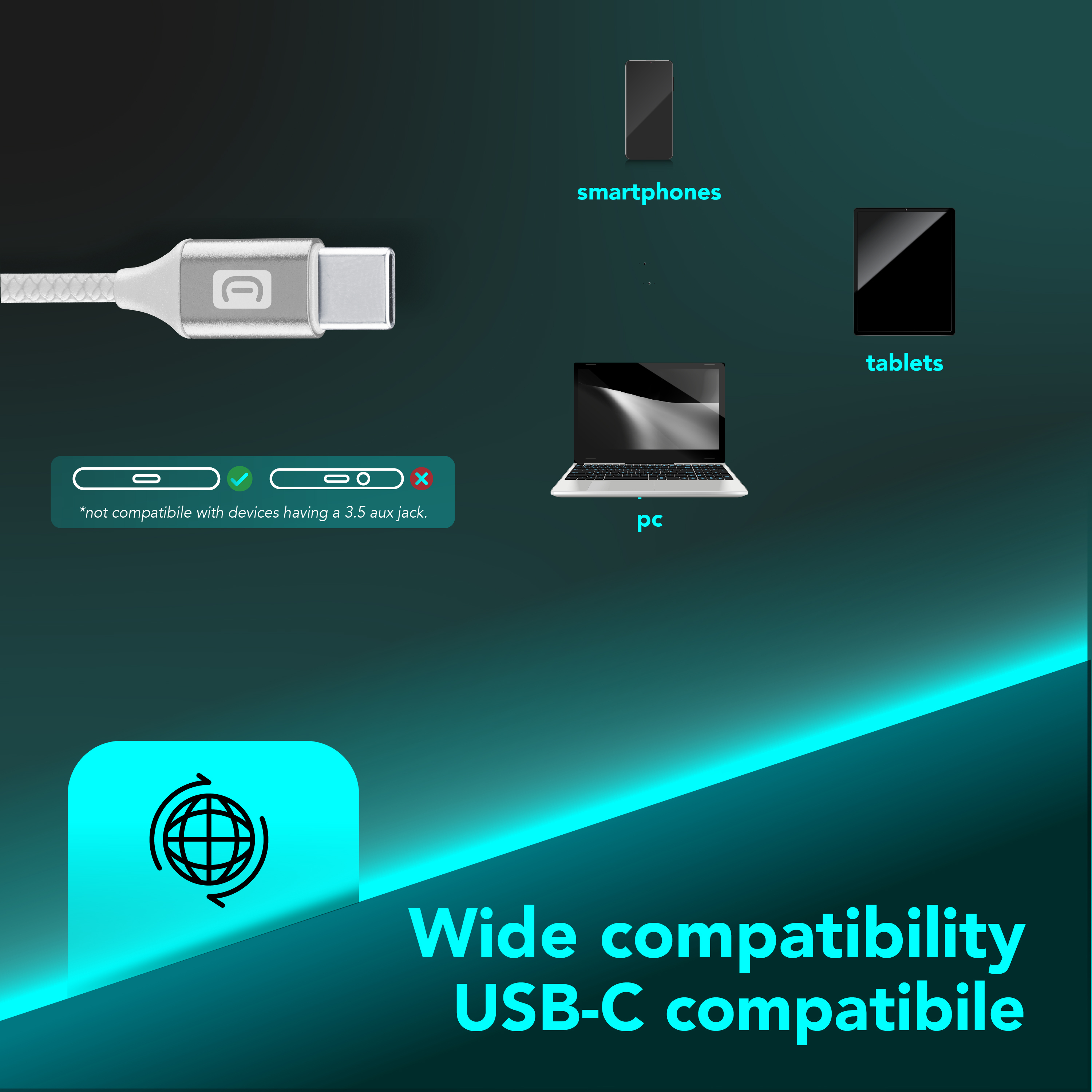 La imagen muestra un cable USB-C, teléfonos inteligentes, tabletas y una PC. El texto dice 'Wide compatibility USB-C compatibile'.