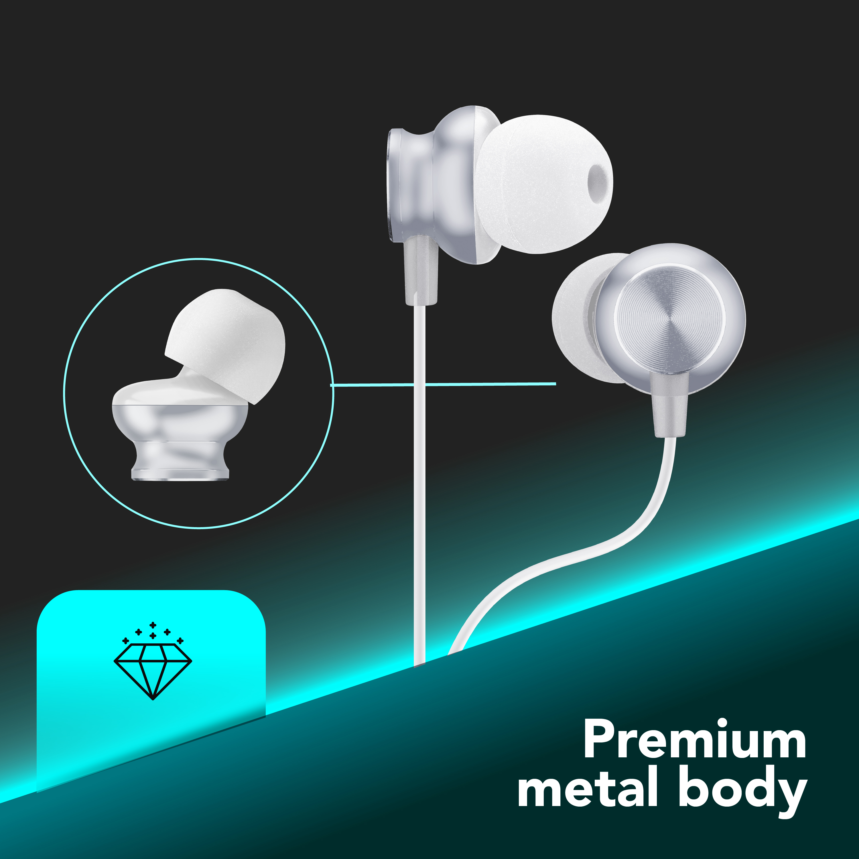 Auriculares sobre fondo negro. Muestra una vista detallada del auricular y un icono de diamante.