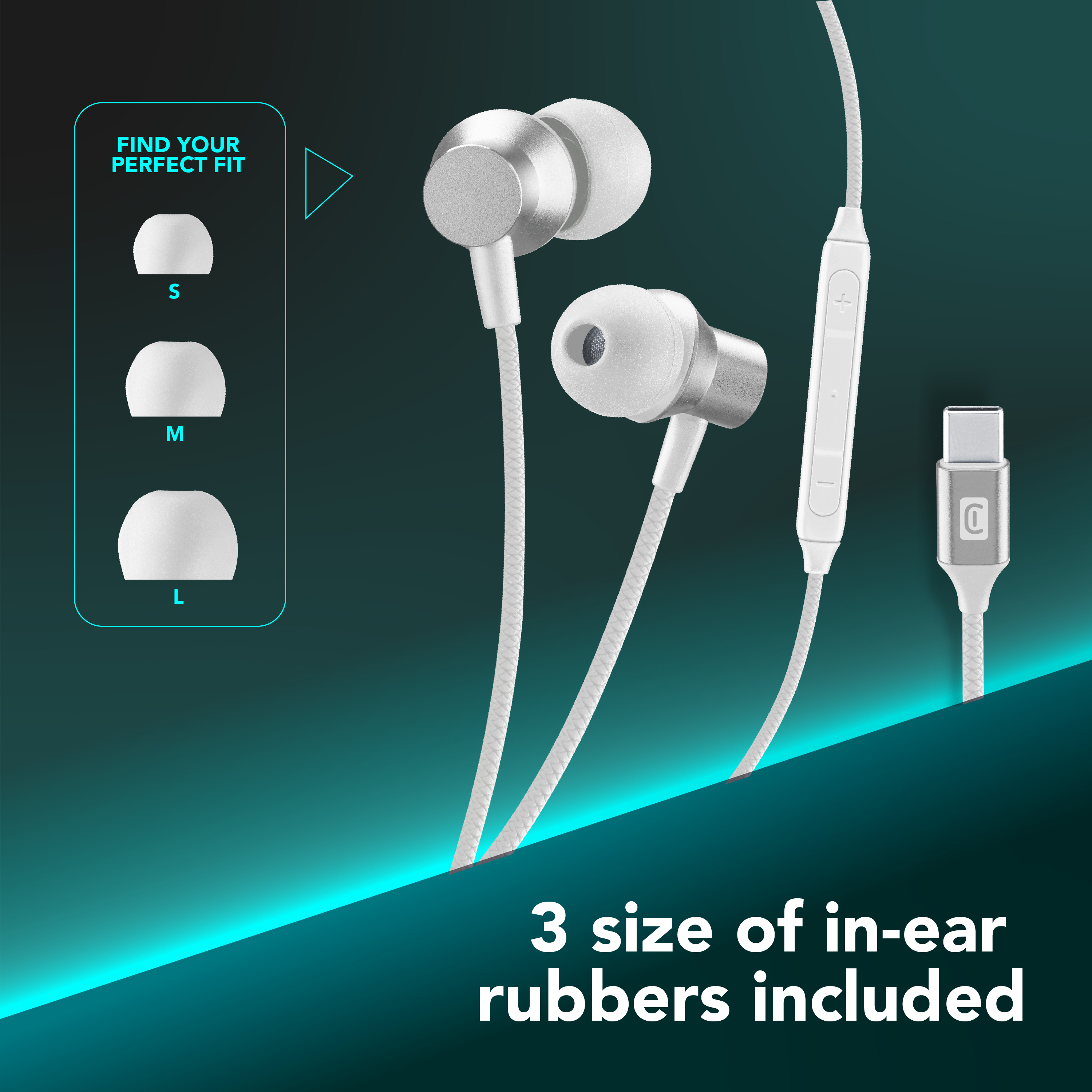 Auriculares con tres tamaños de almohadillas. Incluye un conector USB-C. El texto dice: 'Encuentra tu ajuste perfecto'.