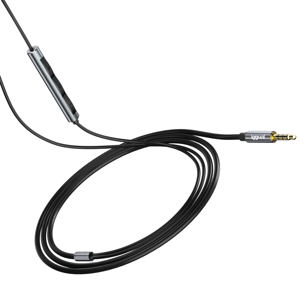 Czarny kabel audio ze srebrnym modułem sterującym i pozłacanym wtykiem jack. Kabel jest zwinięty, z marką 'igguol'.