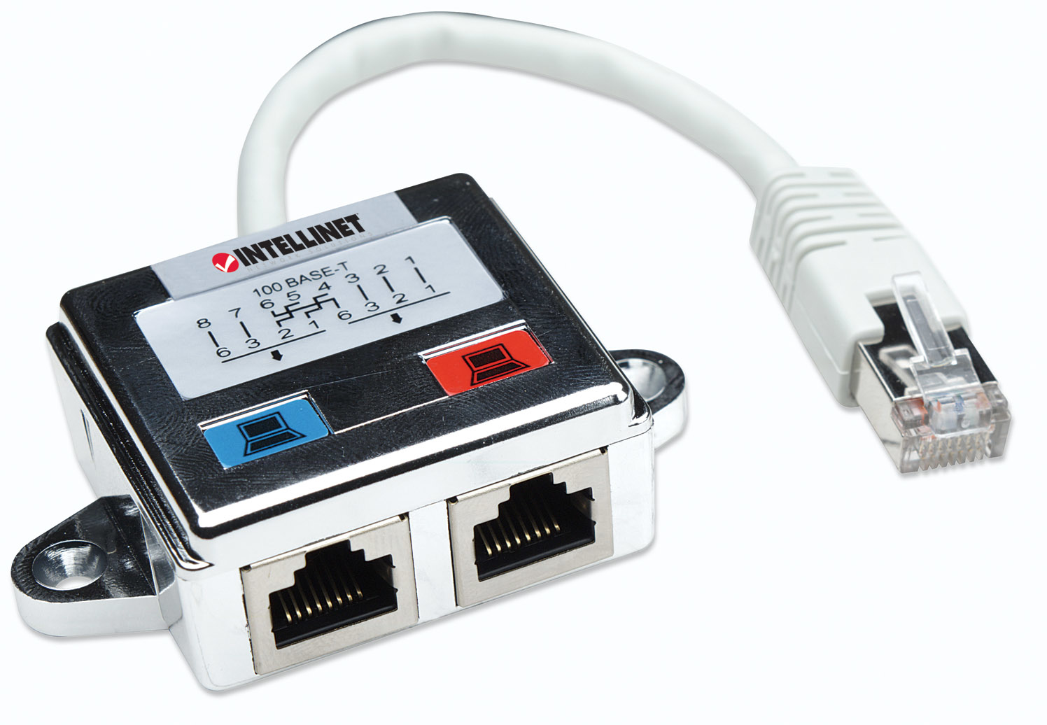 Un dispositivo de red Intellinet plateado y negro con dos puertos, un cable blanco y un conector RJ45 sobre un fondo blanco.
