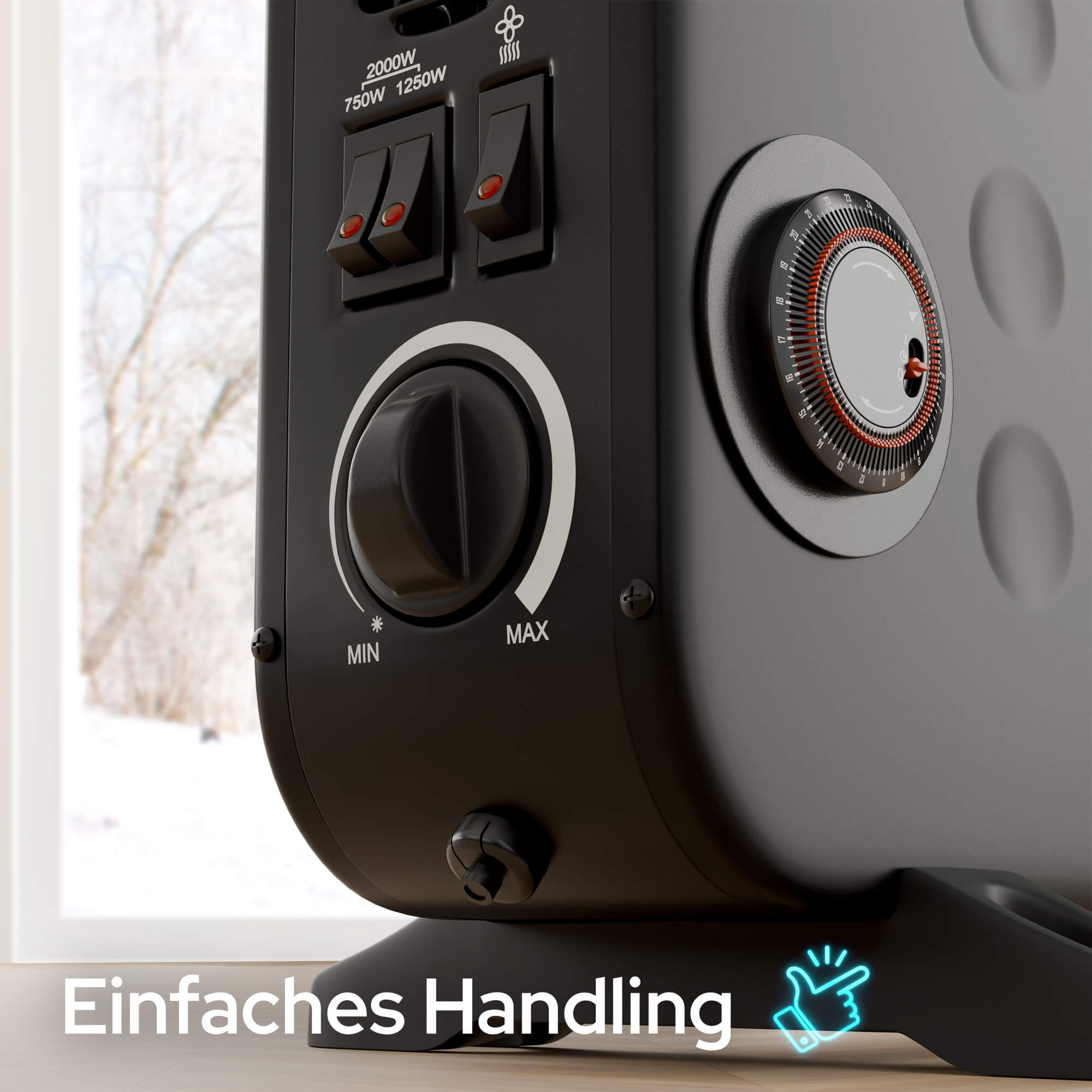 Schwarze elektrische Heizung mit Bedienelementen, darunter Schalter, ein Drehknopf und ein Knopf. Der Hintergrund zeigt ein Fenster.