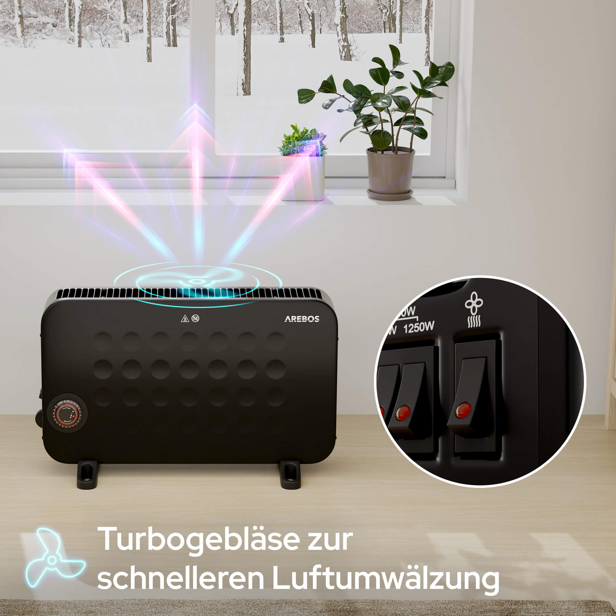 Schwarzer AREBOS-Heizlüfter mit Luftstromeffekt, Schaltern und einem Drehregler. Pflanzen und eine schneebedeckte Szene im Hintergrund.