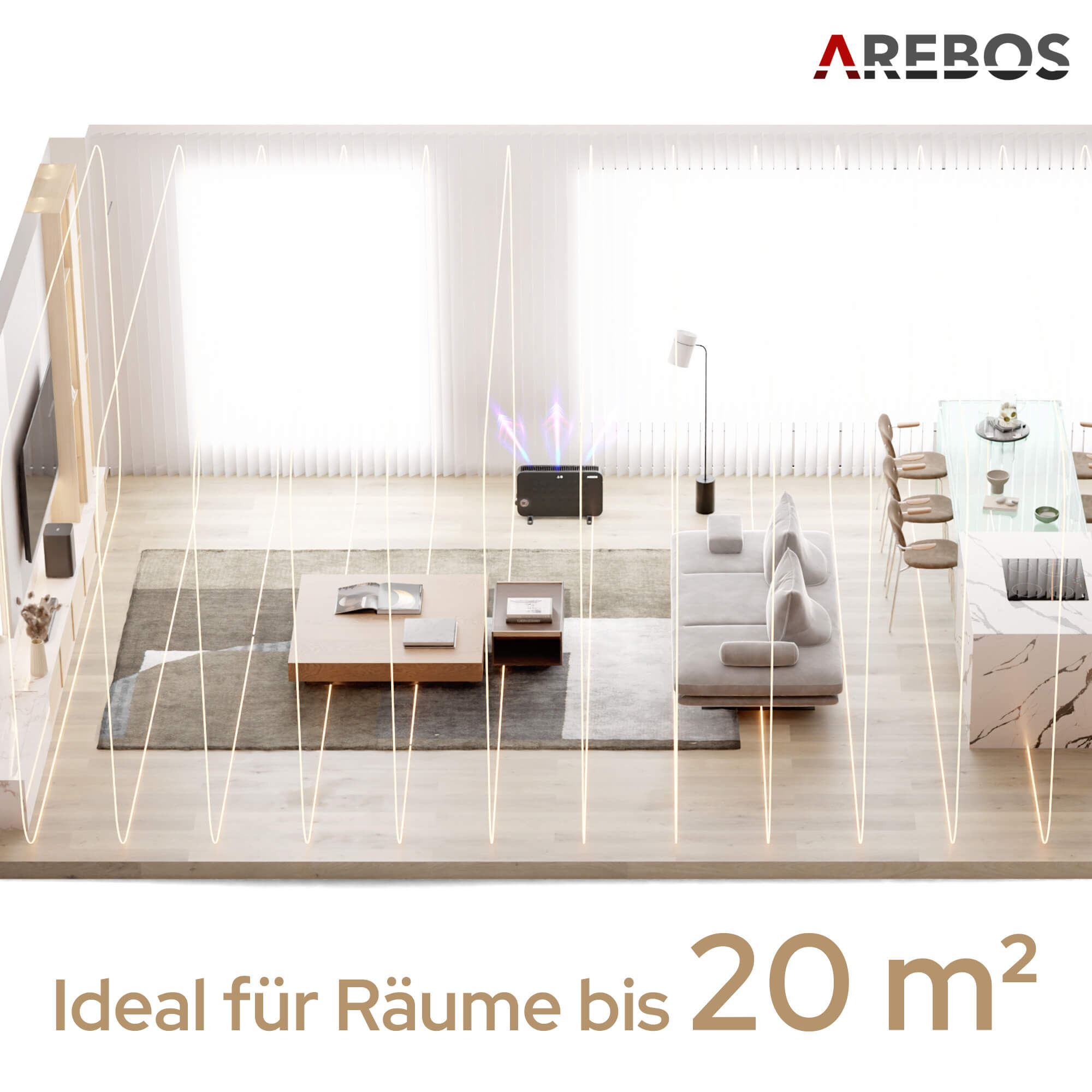 Modernes Wohnzimmer mit Heizung. Enthält ein Sofa, einen Couchtisch und einen Essbereich. Text: Ideal für Räume bis 20 m².