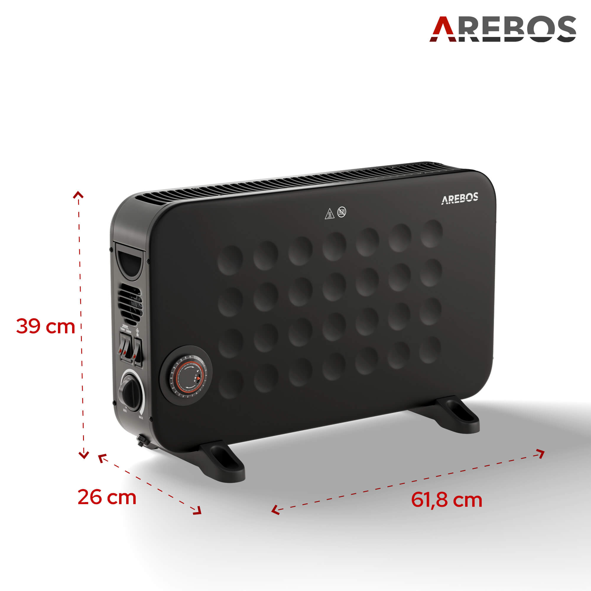 Schwarze Arebos-Elektroheizung. Sie hat ein Zifferblatt, Knöpfe und beschriftete Abmessungen. Das Arebos-Logo ist sichtbar.