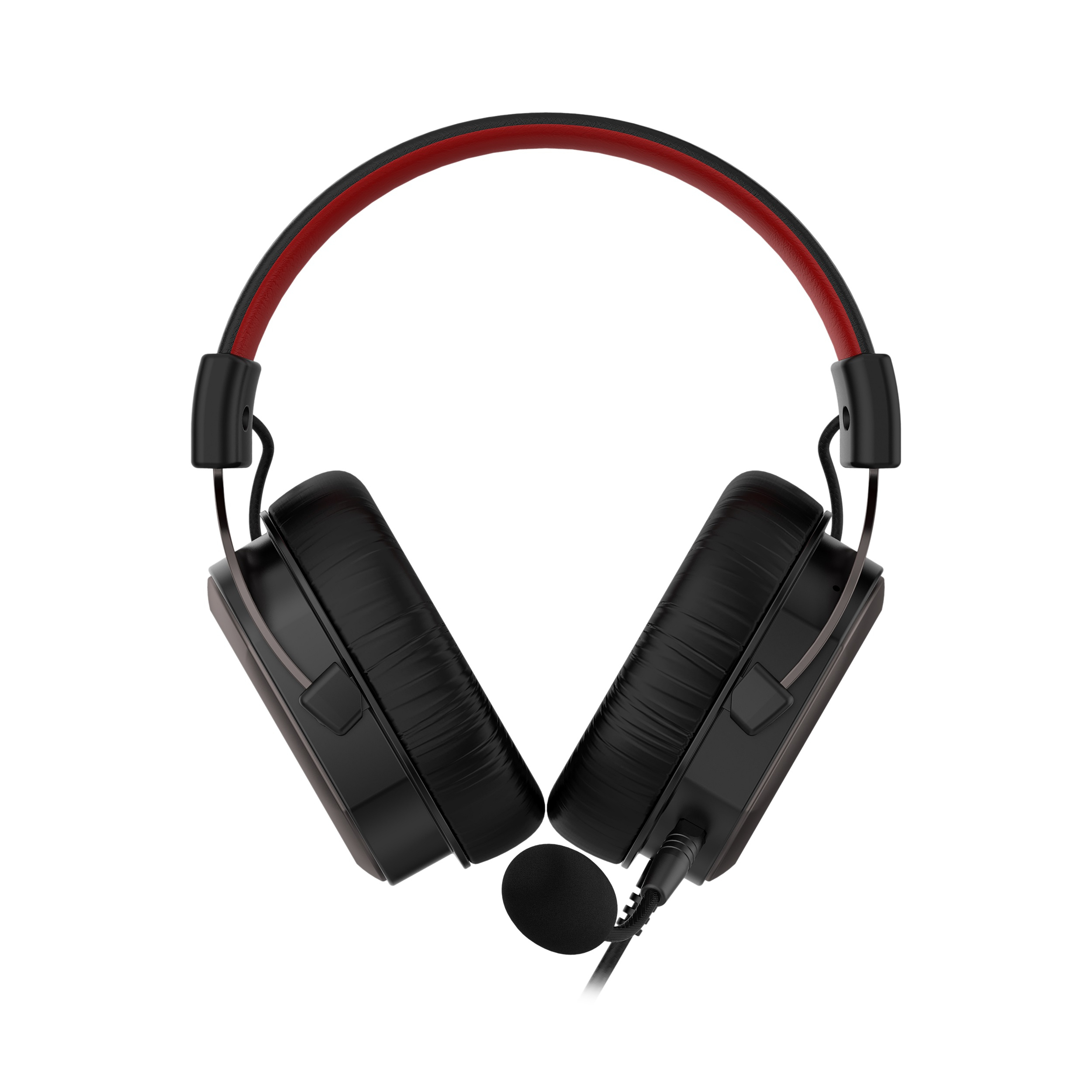 Schwarzes und rotes Headset auf weißem Hintergrund. Enthält ein Mikrofon und ein Kabel.
