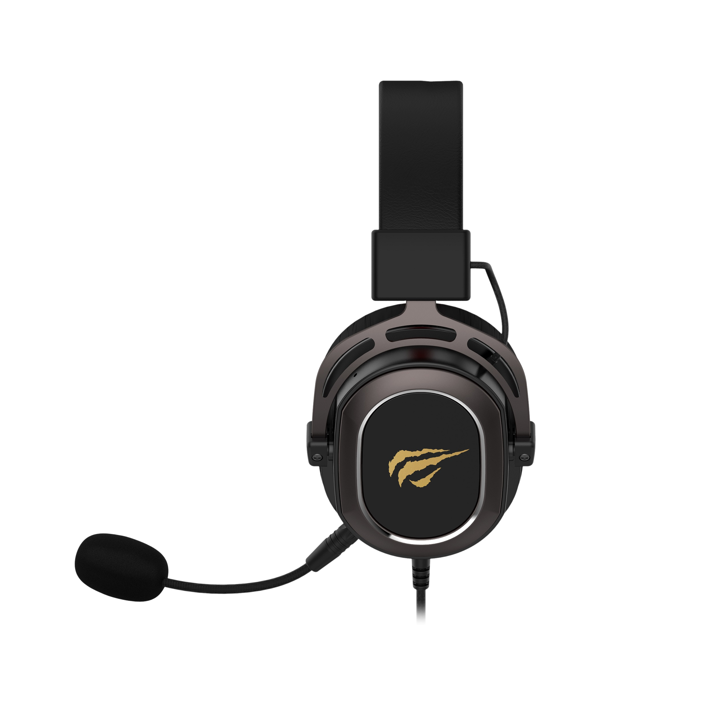 Ein schwarzes und graues Gaming-Headset mit Mikrofon. Es hat das Markenlogo auf der Ohrmuschel.