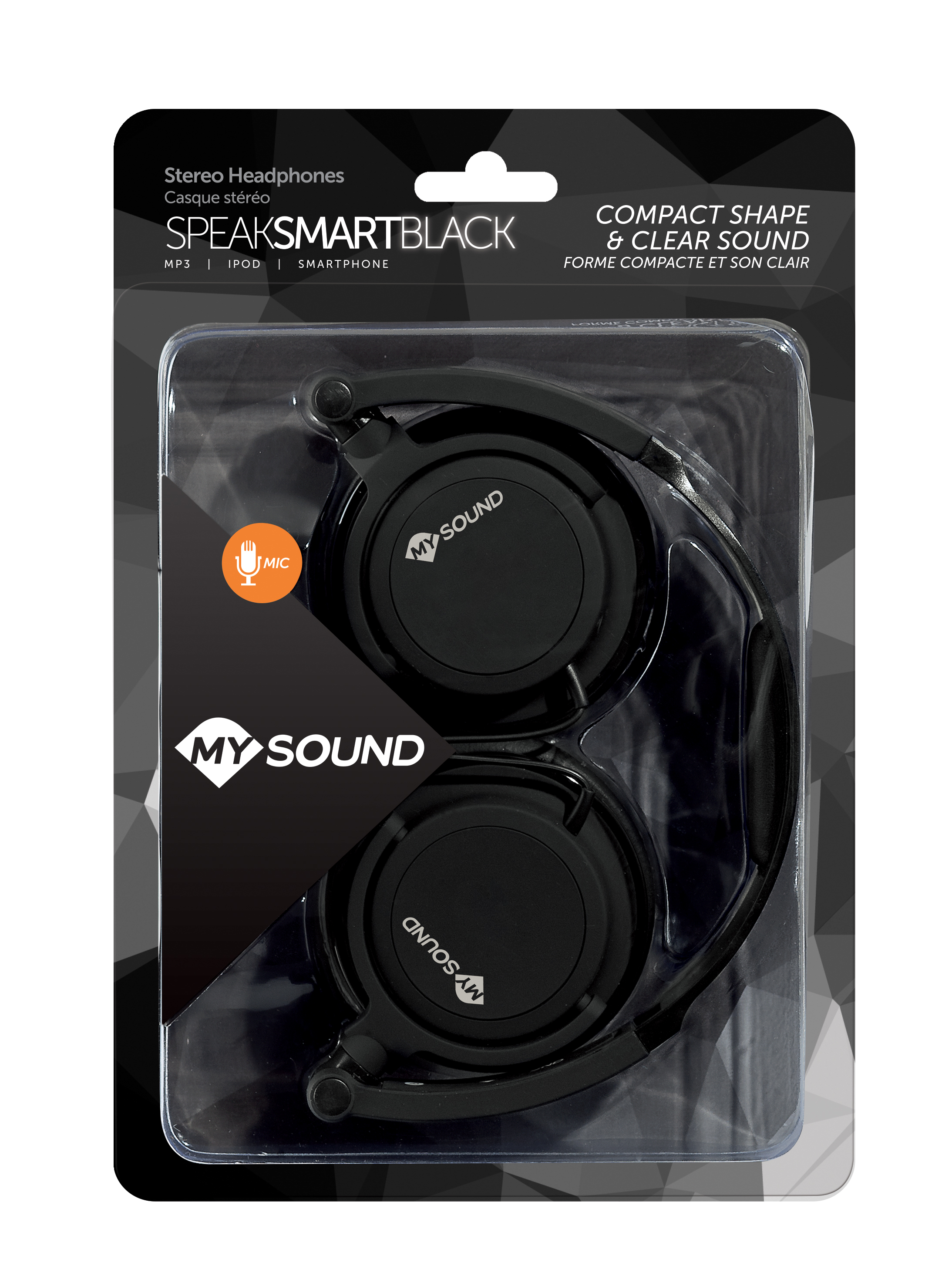 Cuffie nere in un involucro di plastica trasparente. La confezione dice 'SpeakSmartBlack' e 'My Sound'.