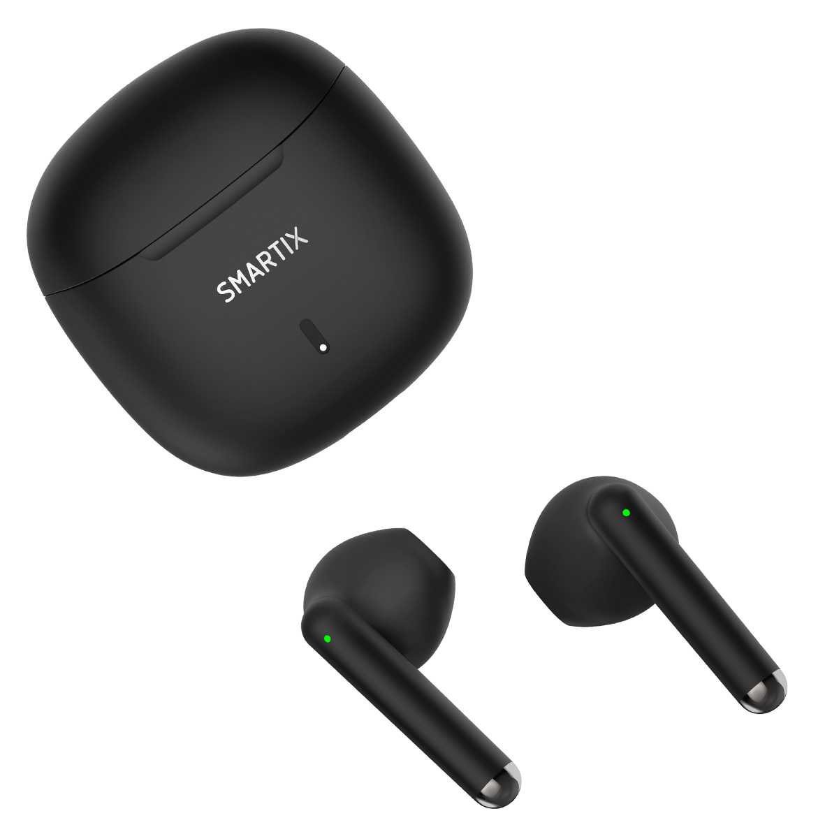 Czarny zestaw słuchawkowy Smartix z etui ładującym i dwoma oddzielnymi słuchawkami. Etui jest kwadratowe, a słuchawki w stylu