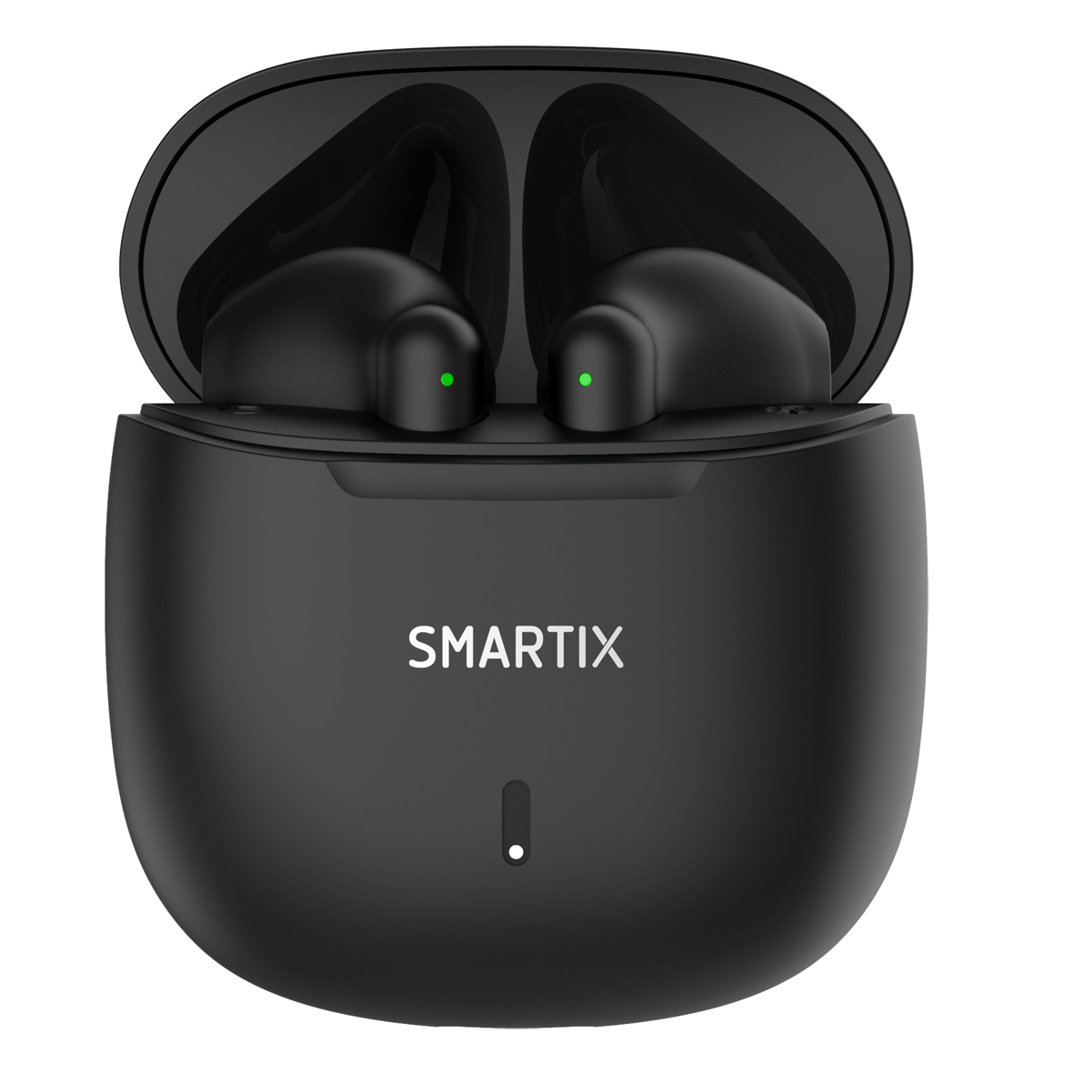 Czarne słuchawki Smartix w etui ładującym. Etui jest otwarte, ukazując słuchawki z zielonymi światłami. Widoczna jest nazwa marki.