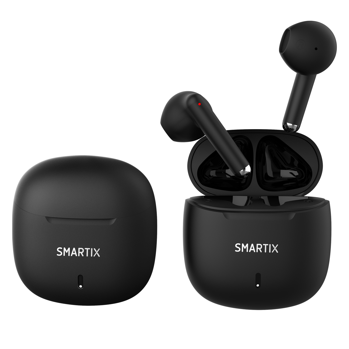 Czarne słuchawki Smartix i etui ładujące na białym tle. Jedno etui zamknięte, drugie otwarte ze słuchawkami w środku.