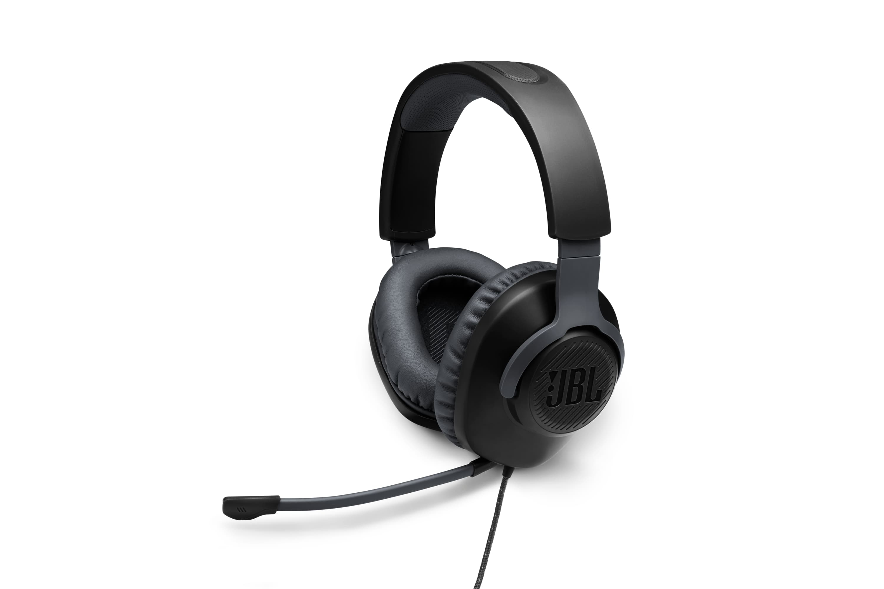 Auriculares JBL negros con micrófono. Los auriculares están sobre fondo blanco.