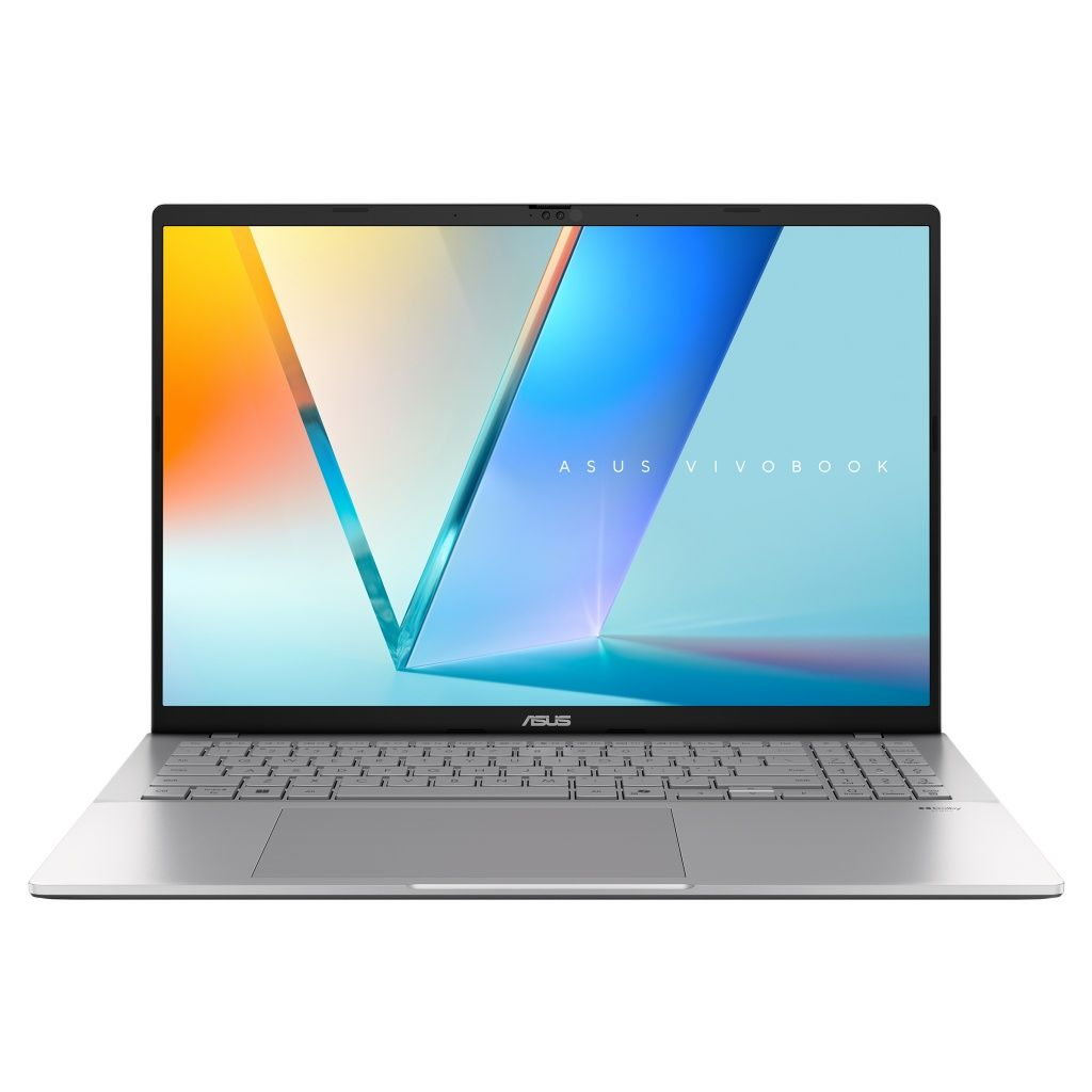 Una laptop Asus Vivobook plateada está abierta. La pantalla muestra un diseño abstracto colorido. Se ven el teclado y el panel táctil.