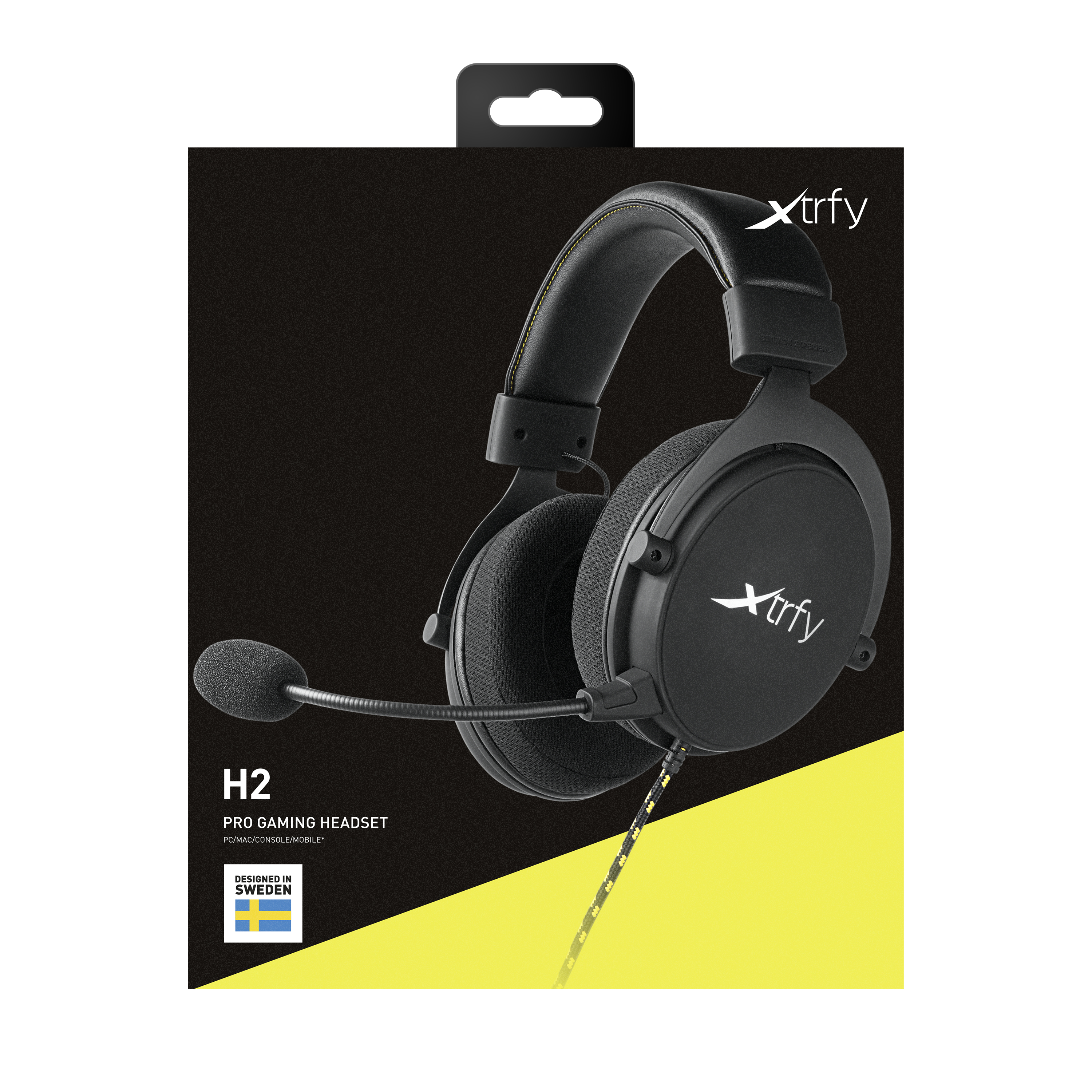 Schwarzes Gaming-Headset mit Mikrofon. Die Box ist schwarz mit einem gelben Streifen. Der Markenname ist Xtrfy.
