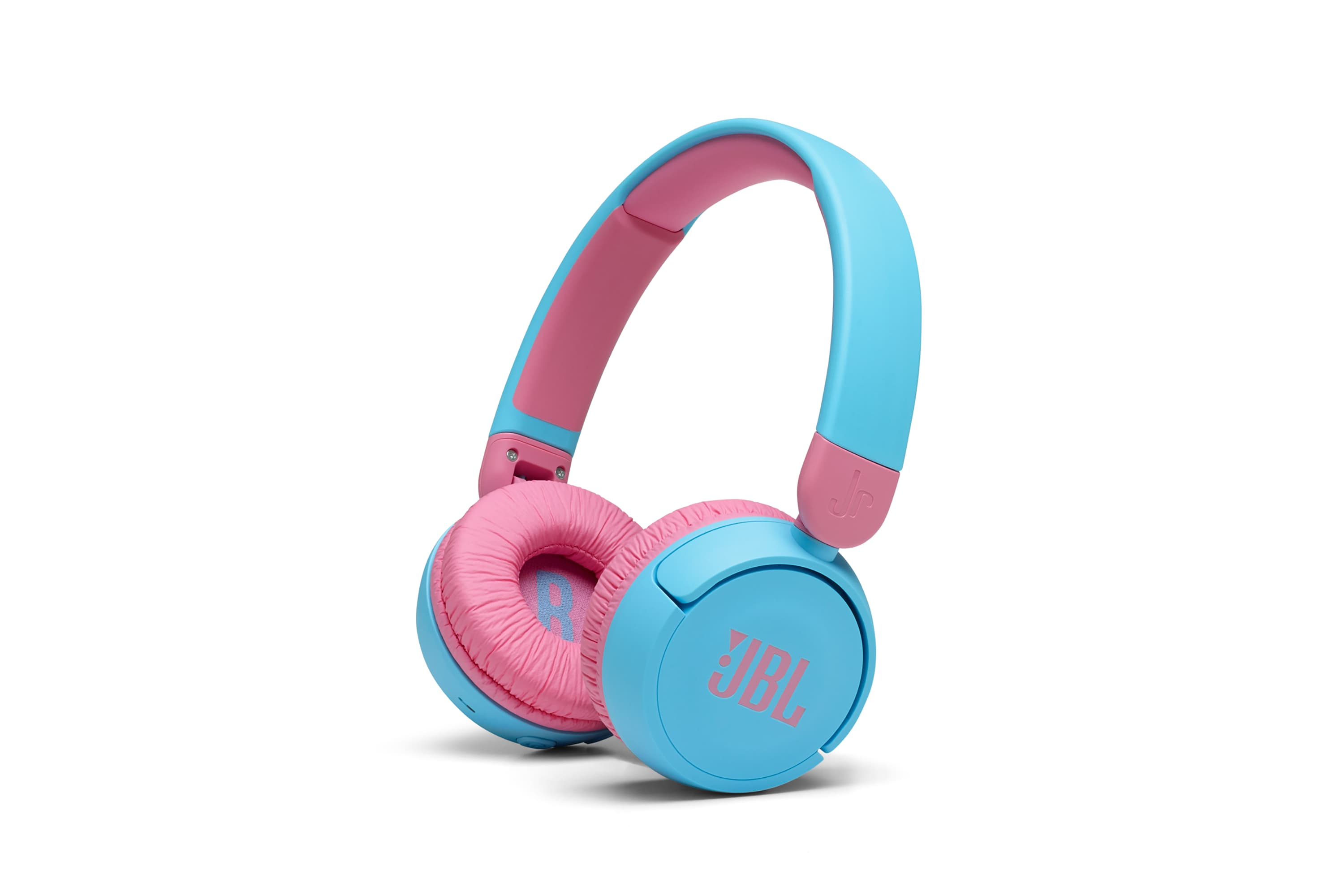 Blau-rosa JBL-Kopfhörer. Die Ohrmuscheln sind rosa. Der Kopfbügel ist blau und rosa. Der Markenname ist sichtbar.