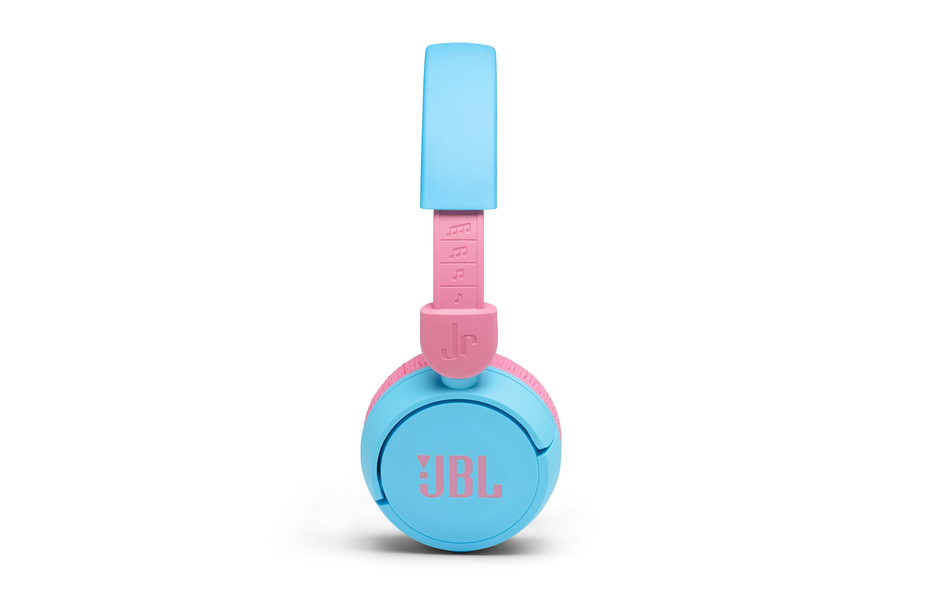 Blau-rosa JBL Jr. Kopfhörer. Der Hintergrund ist weiß. Die Kopfhörer sind zentriert.