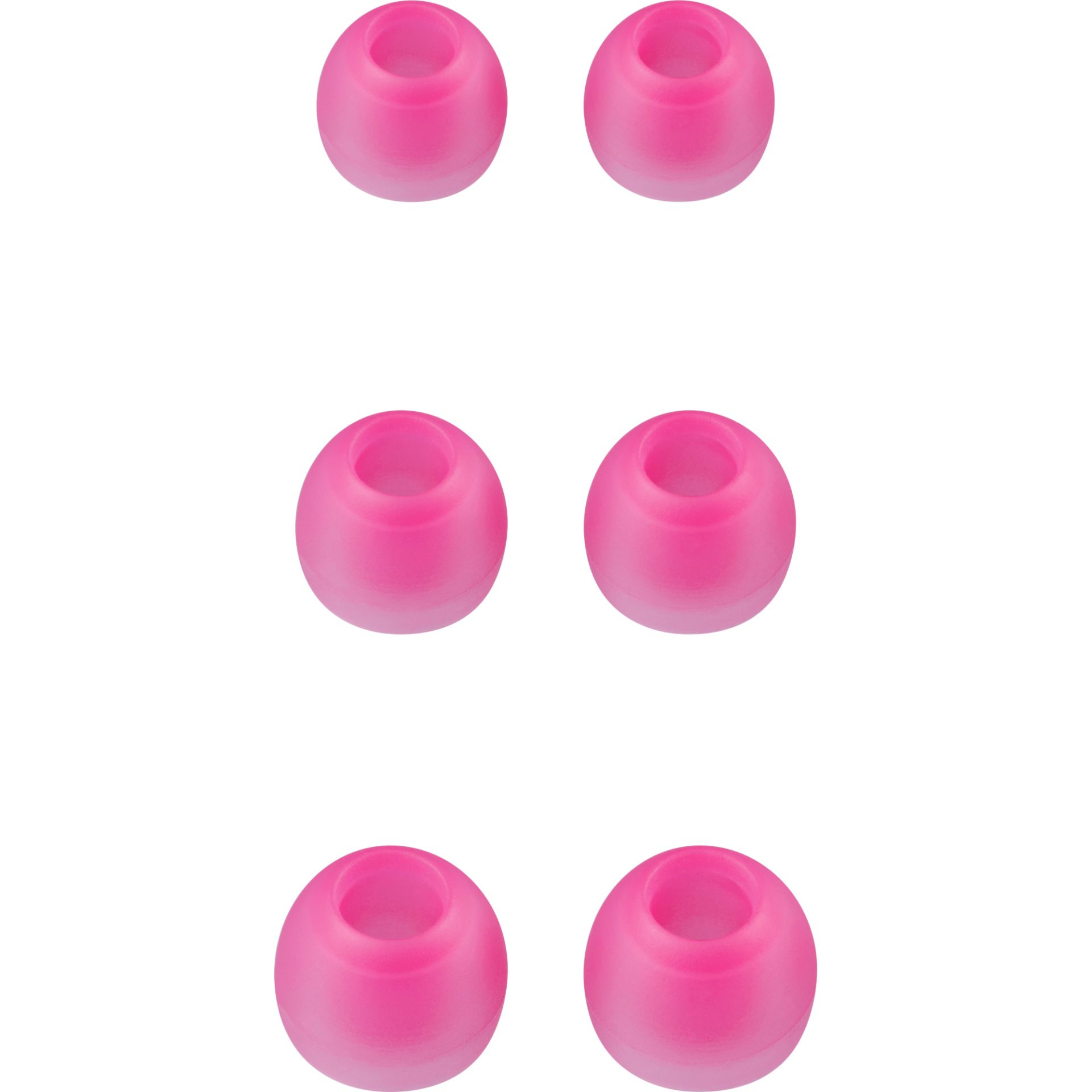 Sześć różowych końcówek do słuchawek ułożonych w trzech rzędach po dwa, na białym tle. Każda końcówka ma puste wnętrze.
