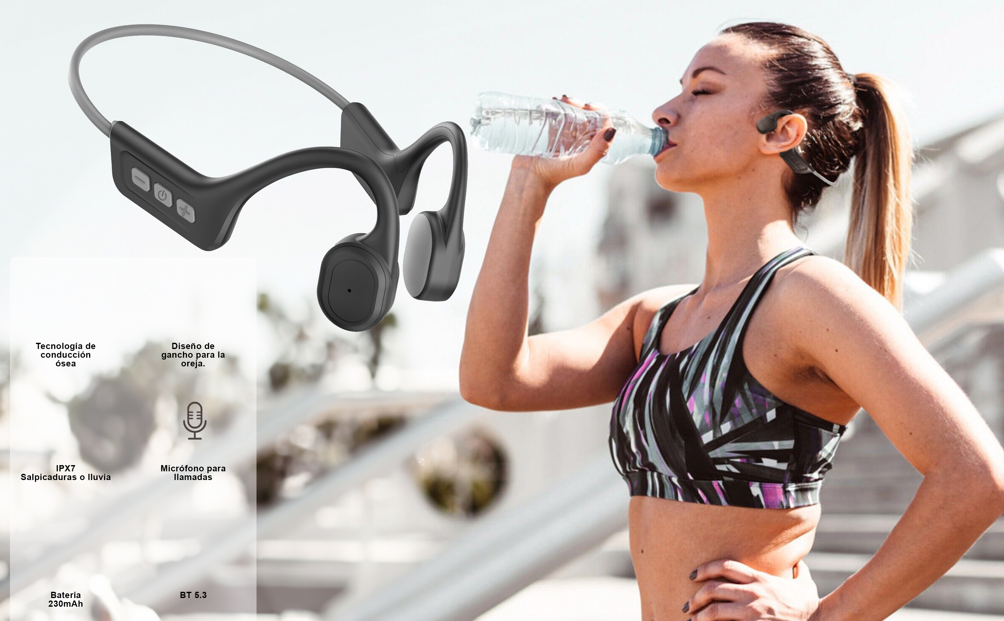 Una donna beve acqua. Indossa un reggiseno sportivo e cuffie a conduzione ossea. I dettagli del prodotto sono mostrati di lato.