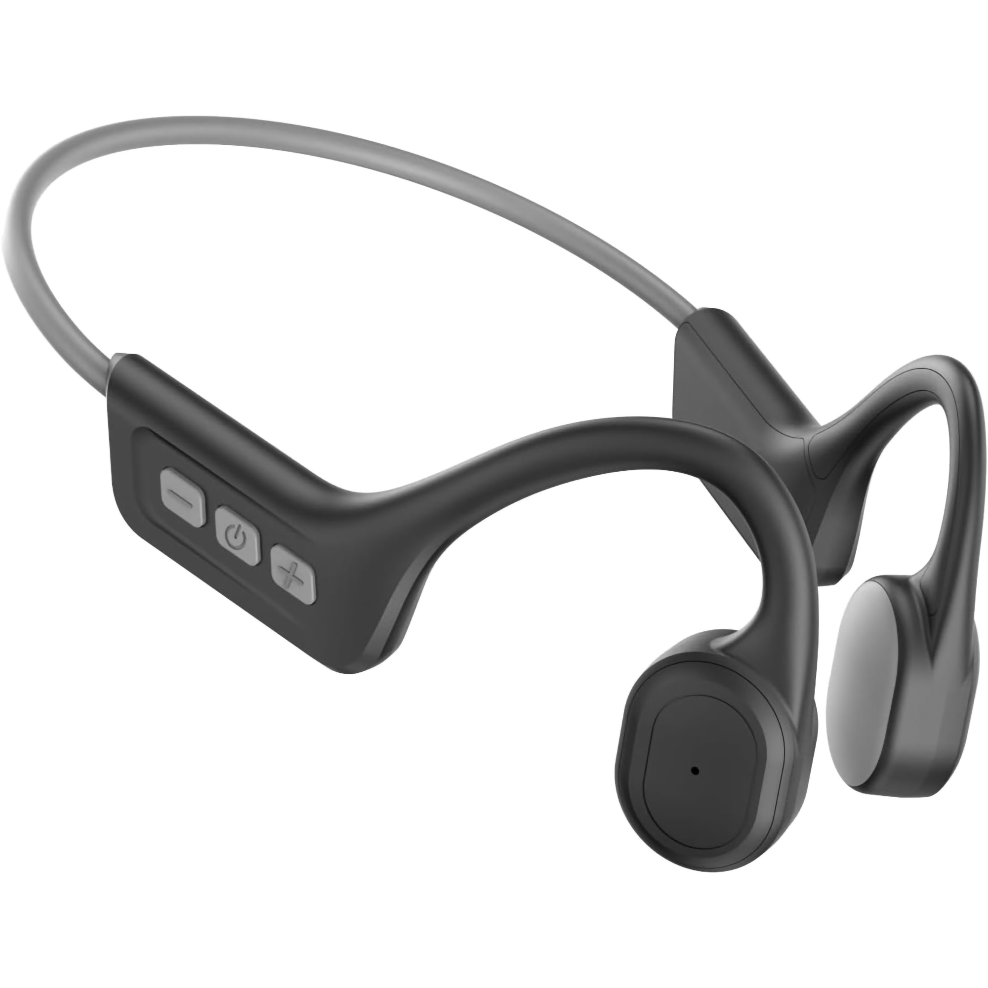 Cuffie a conduzione ossea nere con dettagli grigi. Pulsanti per volume e alimentazione. Sfondo bianco.