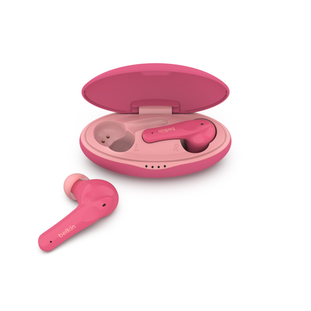 Auricolari Belkin rosa con custodia. Un auricolare è separato. La custodia è aperta, rivelando l'altro auricolare all'interno.