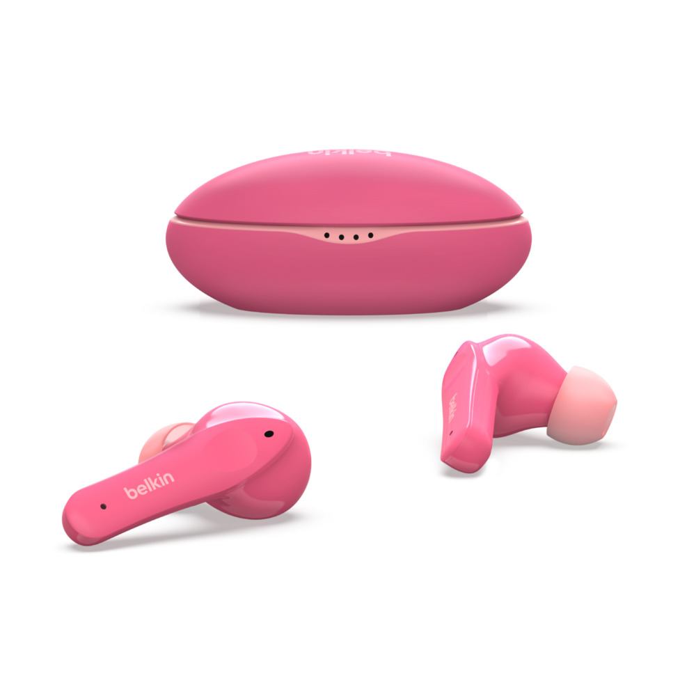 Auricolari Belkin rosa, custodia di ricarica e due auricolari. La custodia è ovale. Auricolari in due posizioni, tutto su sfondo bianco.