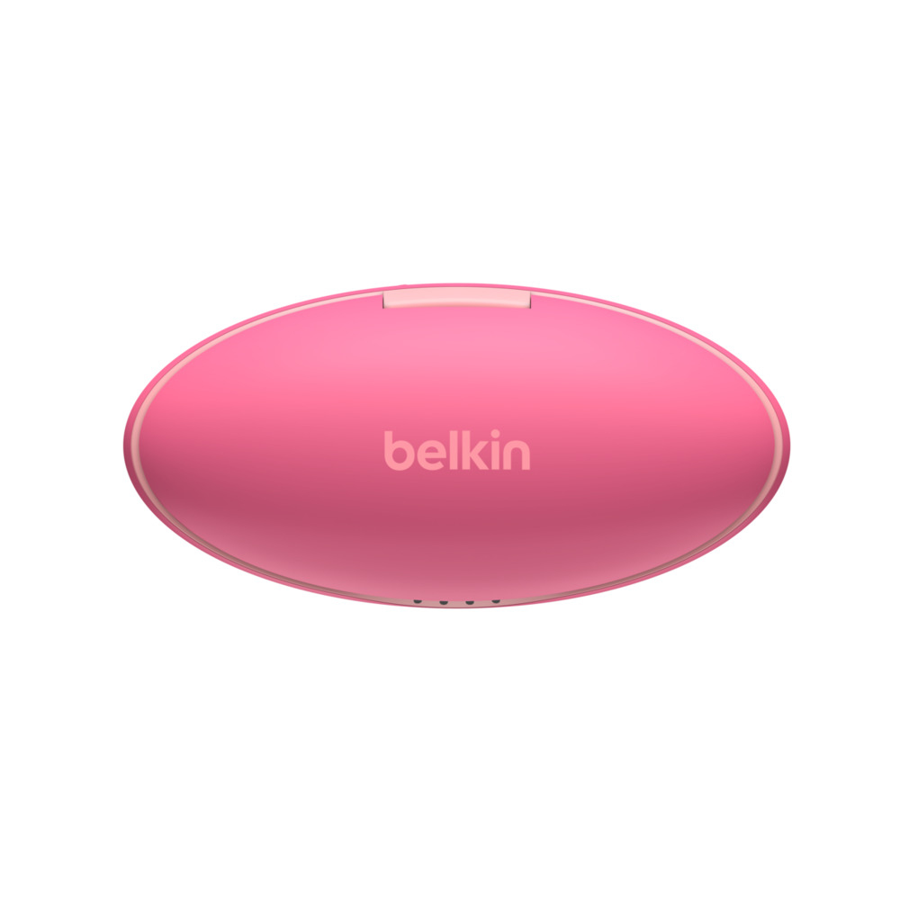 Un astuccio di ricarica Belkin rosa a forma ovale. Ha un contorno rosa chiaro, il logo Belkin e piccole spie.
