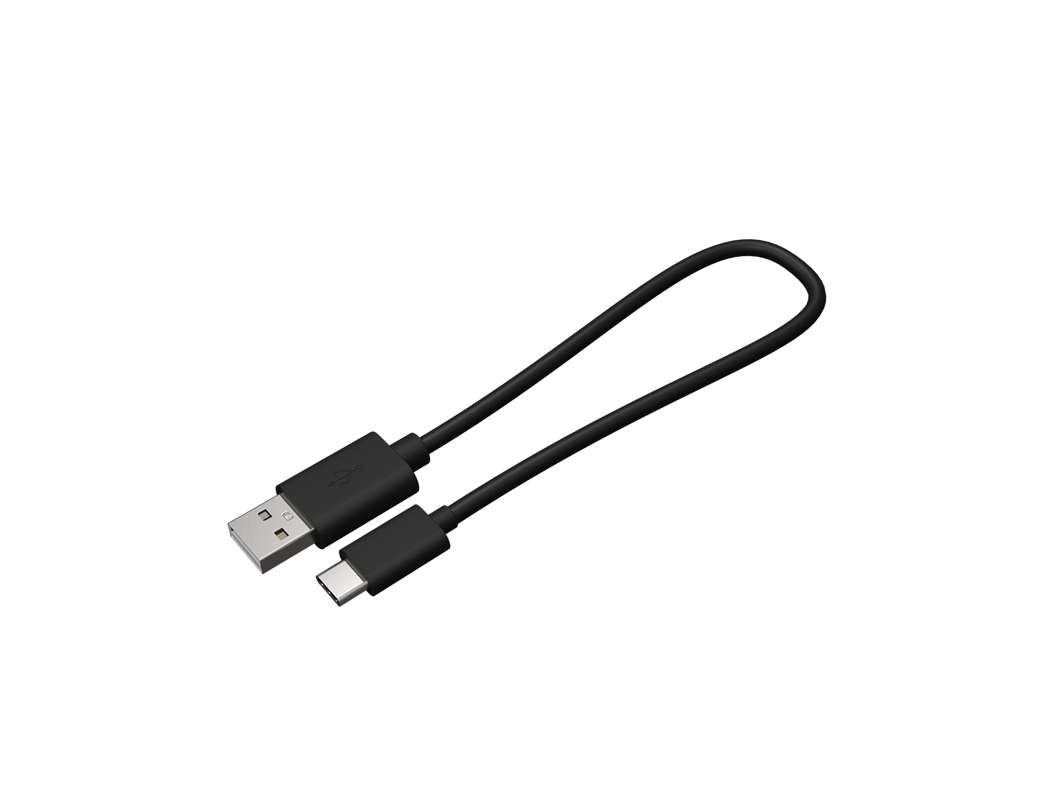 Un cavo di ricarica USB nero con connettori USB-A e USB-C. Su sfondo bianco.