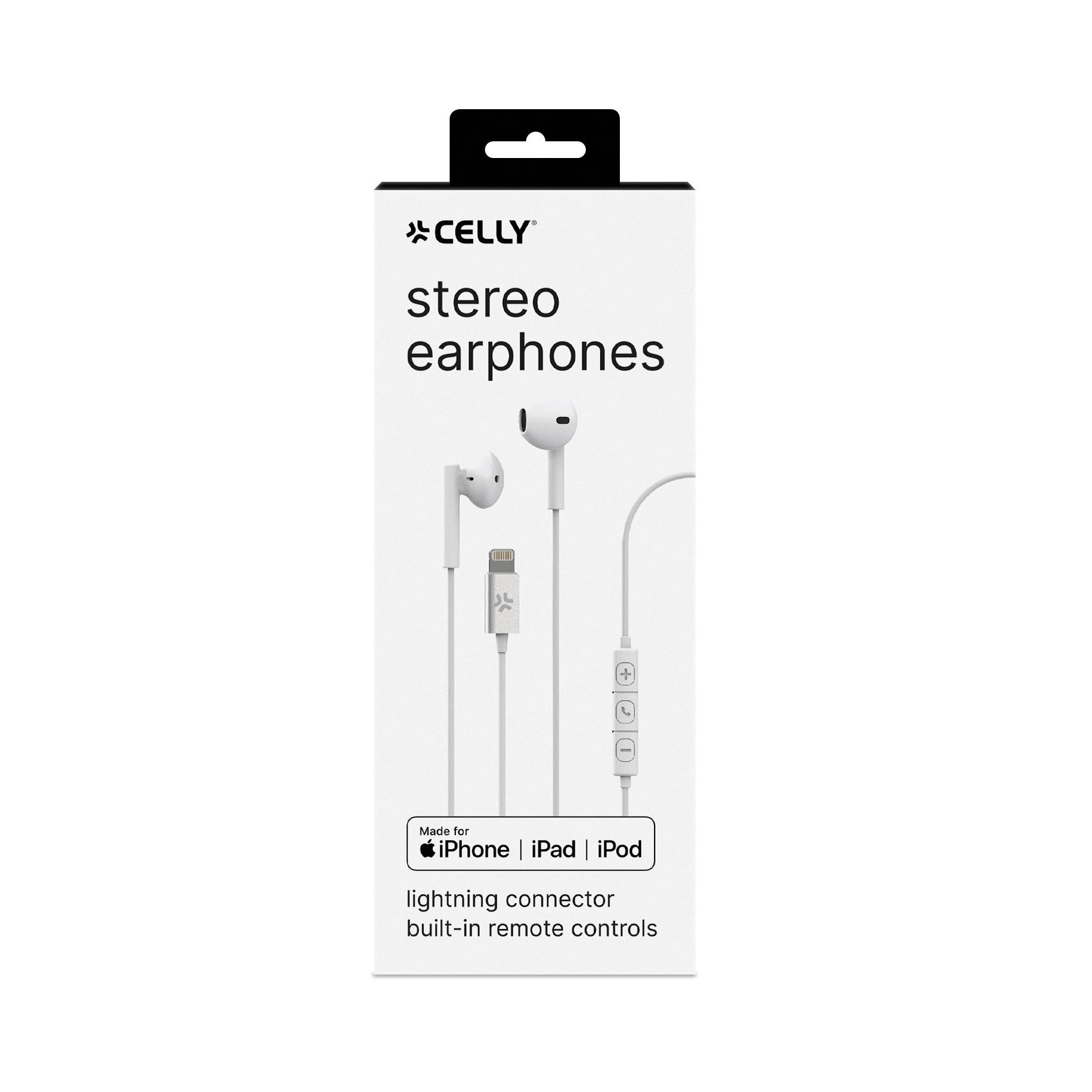Witte Celly stereo oortelefoons in een witte doos. Doos zegt 'stereo oortelefoons'. Gemaakt voor iPhone, iPad, iPod.