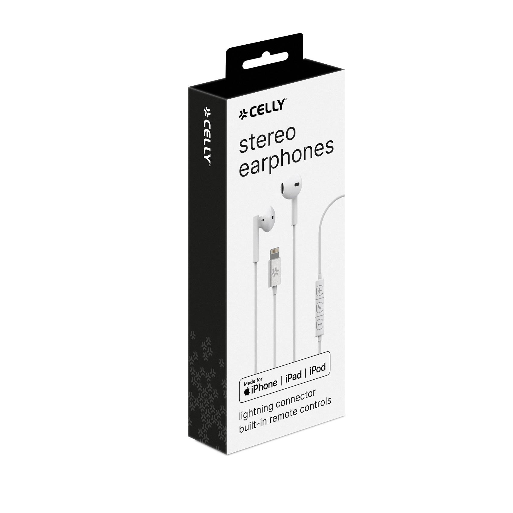Verpakte witte Celly stereo oortelefoons voor iPhone, iPad en iPod met lightning connector en ingebouwde bediening.
