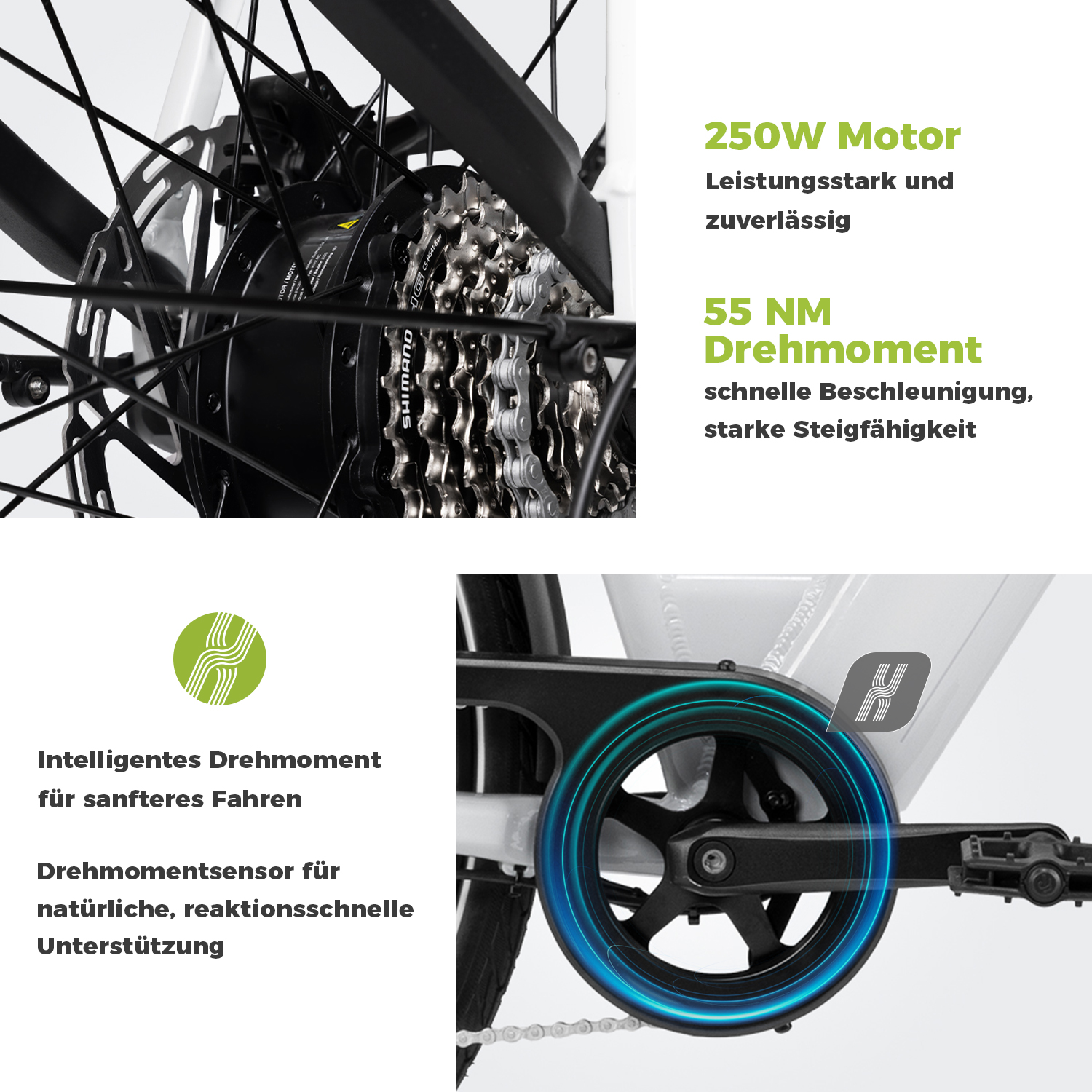 Nahaufnahme der mechanischen Komponenten eines Fahrrads, einschließlich Zahnrädern, Kette, Motor und Pedalsystem, mit Text.
