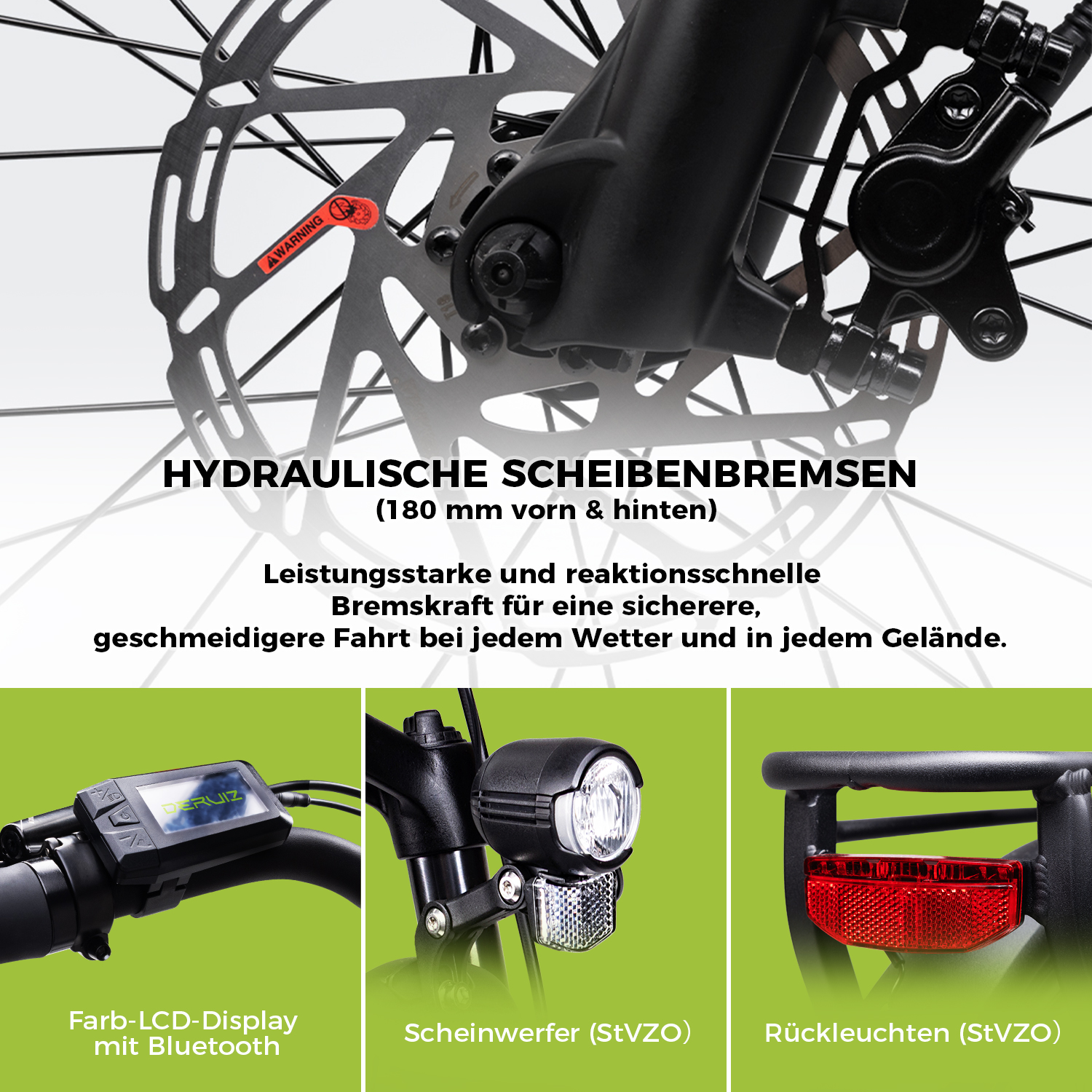 Nahaufnahme einer Fahrradbremsscheibe und -komponenten, mit Text, der hydraulische Scheibenbremsen und Fahrradkomponenten angibt.