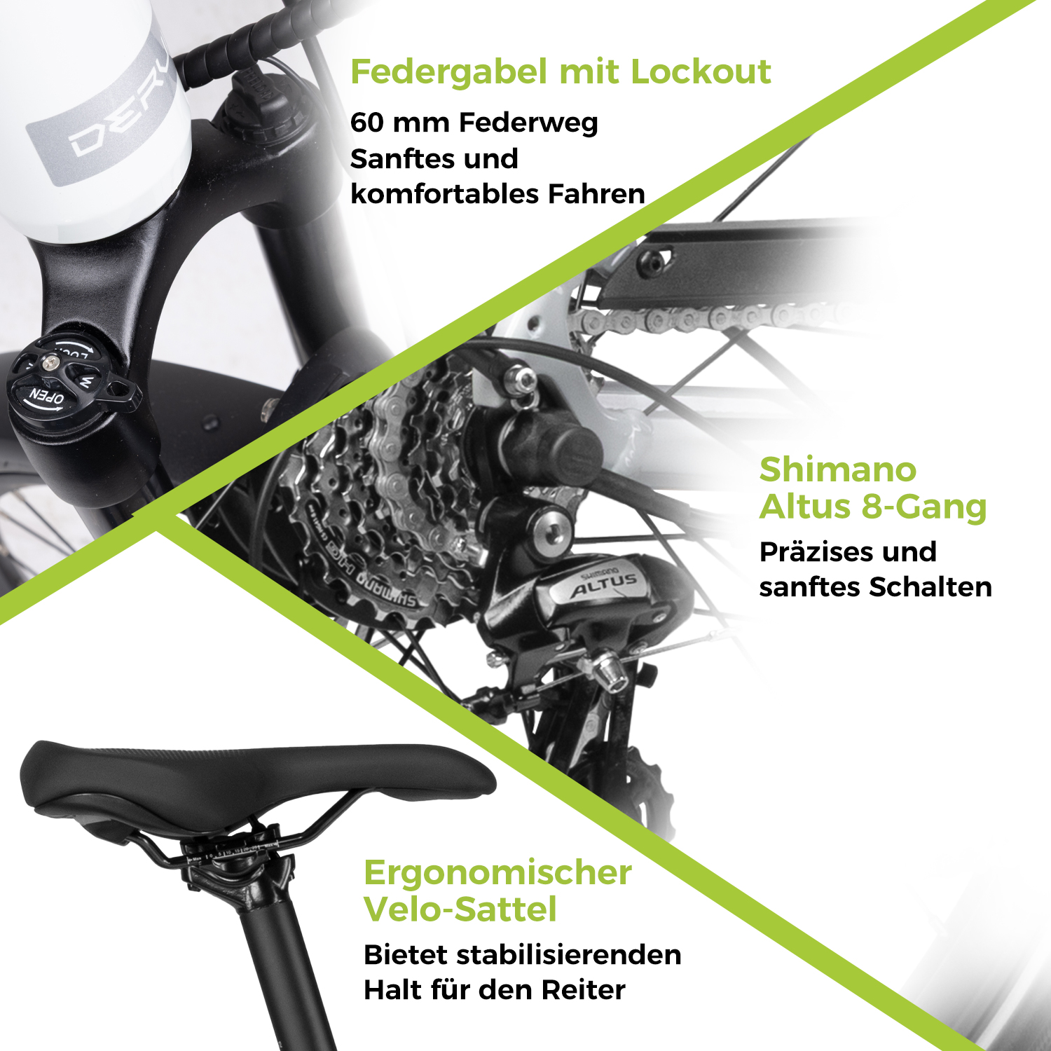 Fahrrad mit hervorgehobenen Komponenten: Federgabel, Shimano Altus 8-Gang und ergonomischer Sattel, mit deutschen Textbeschreibungen.
