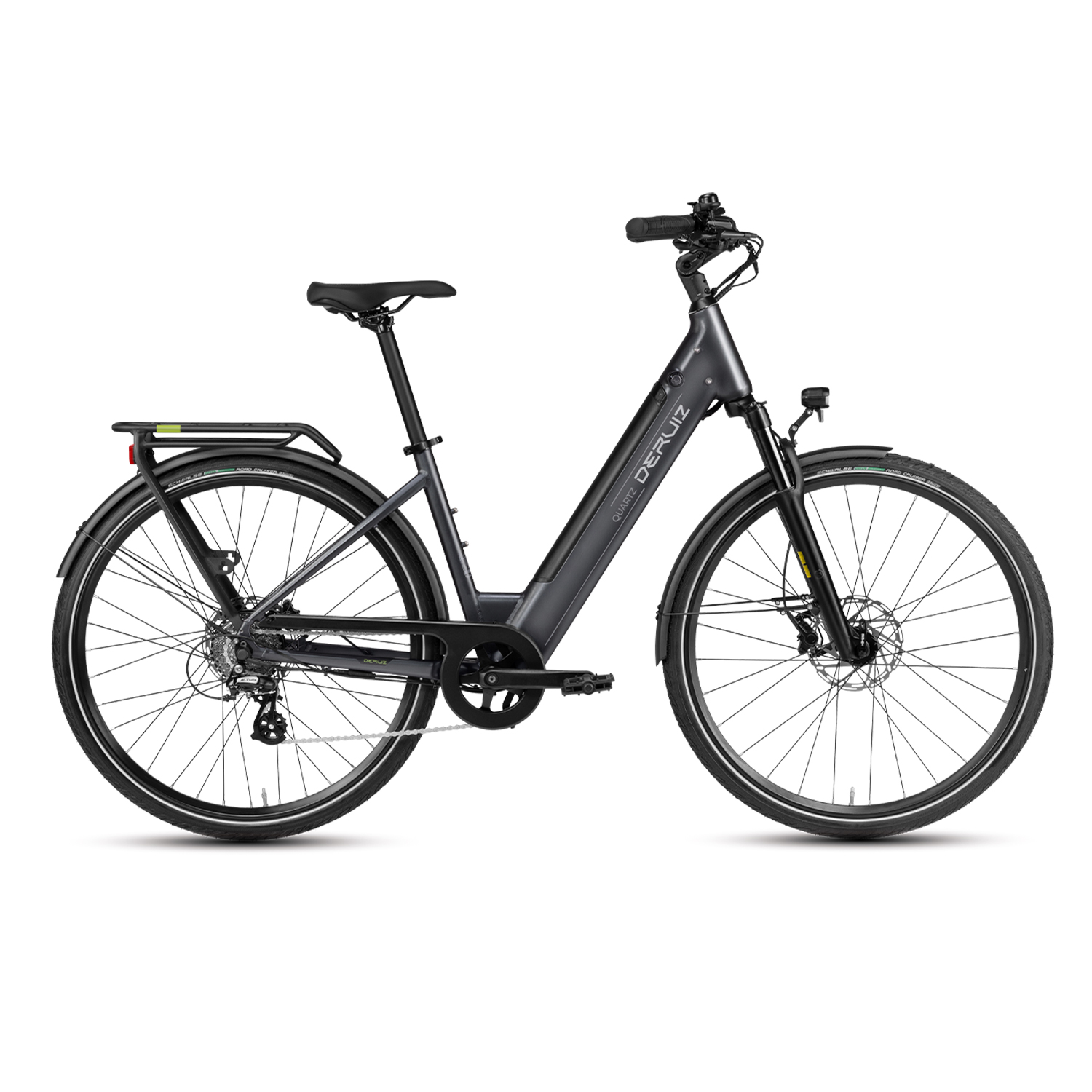 Ein graues Elektrofahrrad mit schwarzen Reifen und einem schwarzen Sitz. Der Markenname "QUARTZ DERUIZ" ist sichtbar.