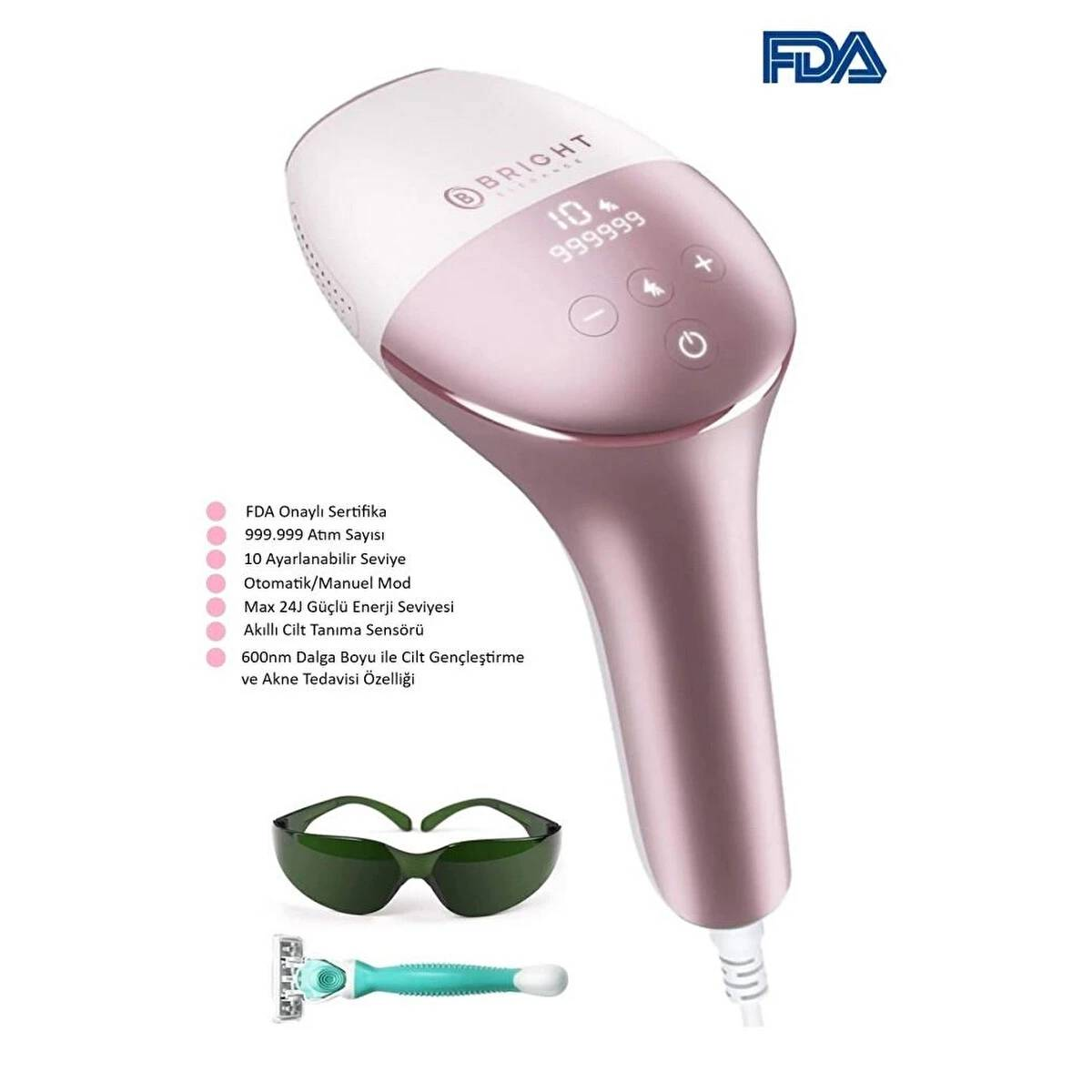 BRIGHT ELEGANCE BE-9020 999.999 Atım Manuel/Otomatik Mod Cilt Sensörlü 10 Kademe IPL Lazer Epilasyon Aleti Pembe