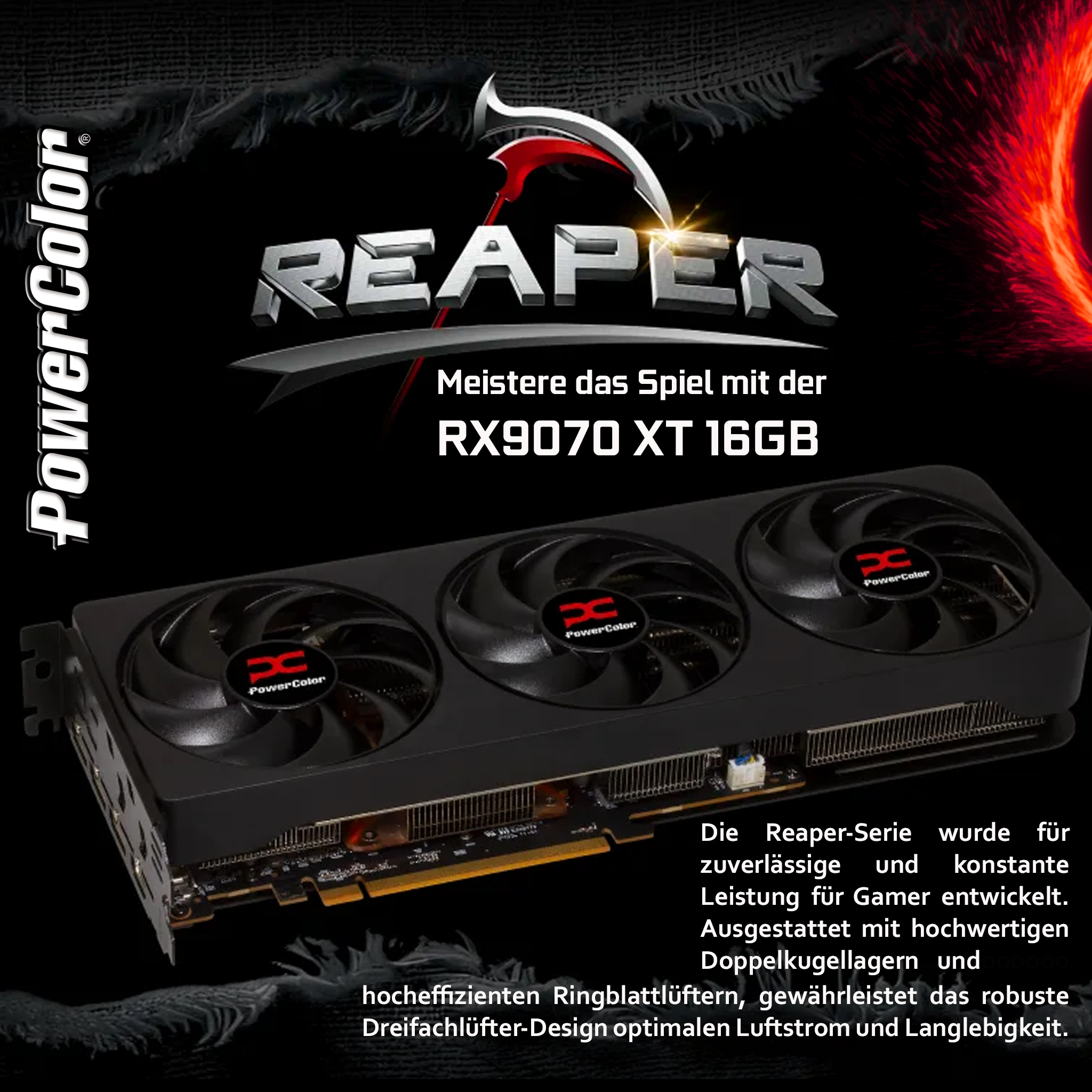 Eine PowerColor Reaper RX9070 XT 16GB Grafikkarte mit drei Lüftern und einem schwarz-roten Design. Der Hintergrund ist schwarz.