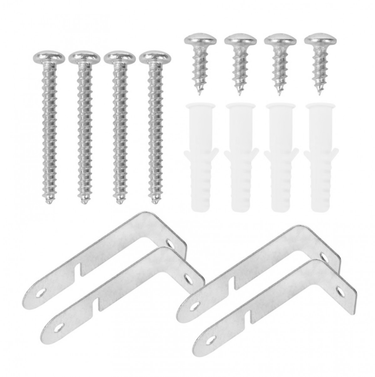 Obraz przedstawia śruby, kołki rozporowe i metalowe wsporniki. Śruby są srebrne, kołki białe, a wsporniki mają otwory.