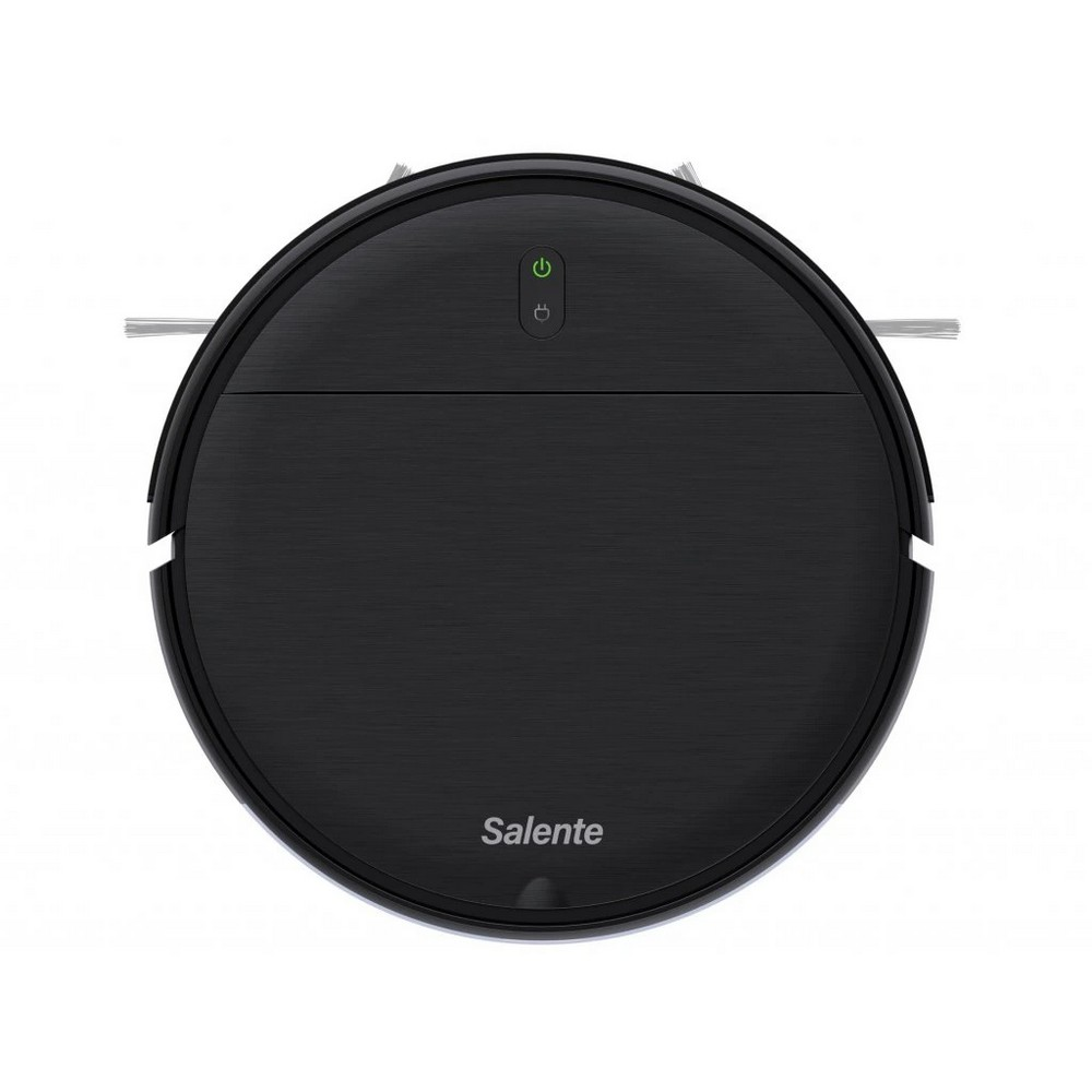Una aspiradora robot Salente negra sobre fondo blanco. Tiene un botón de encendido y dos cepillos laterales. La marca es visible.
