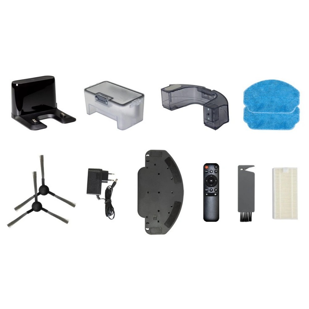Piezas de aspiradora robot: base de carga, depósito de polvo, tanque de agua, almohadillas de fregona, cepillos, adaptador, mando, filtro y herramientas.