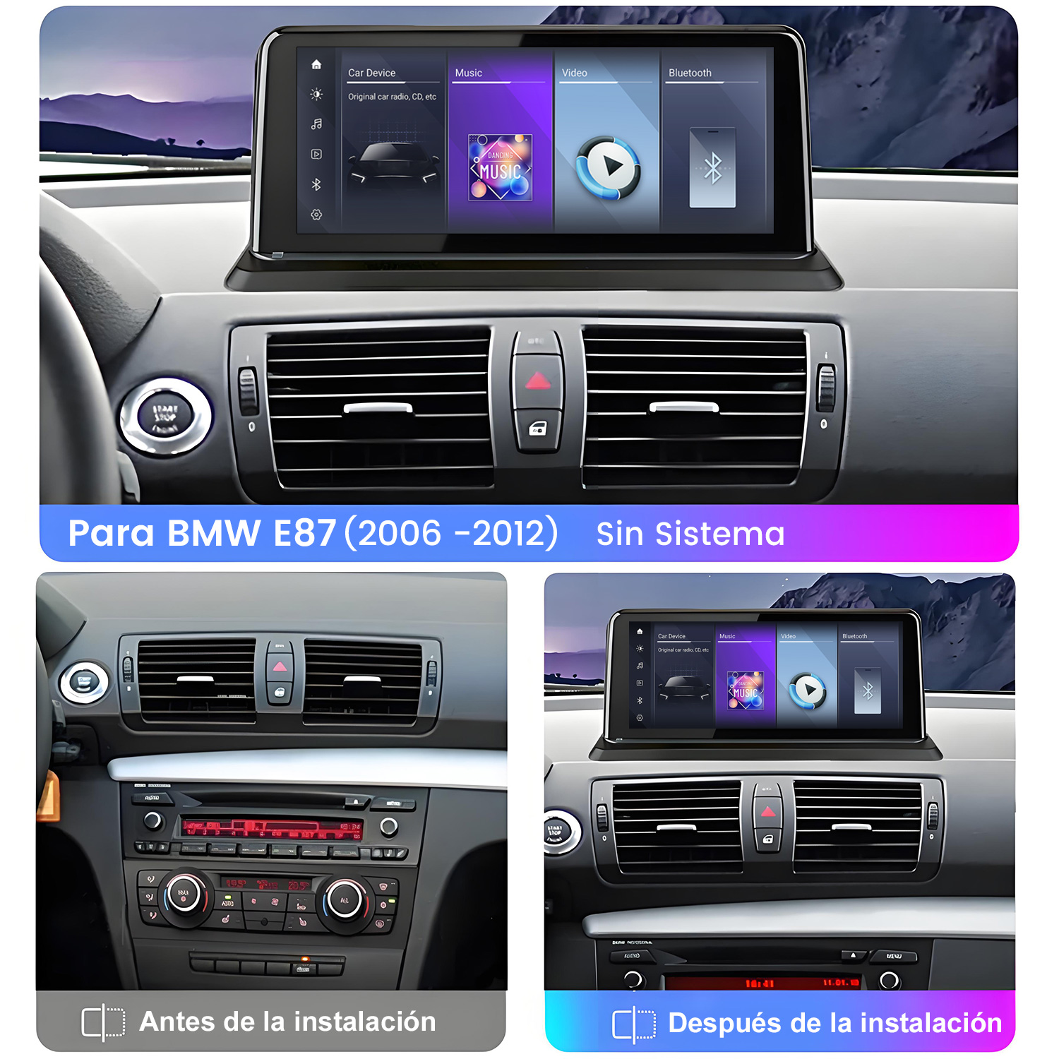 Panel de control del coche que muestra una nueva pantalla y la radio antigua. Textos en español. Comparación antes y después de la instalación. Dispositivo de coche y música.