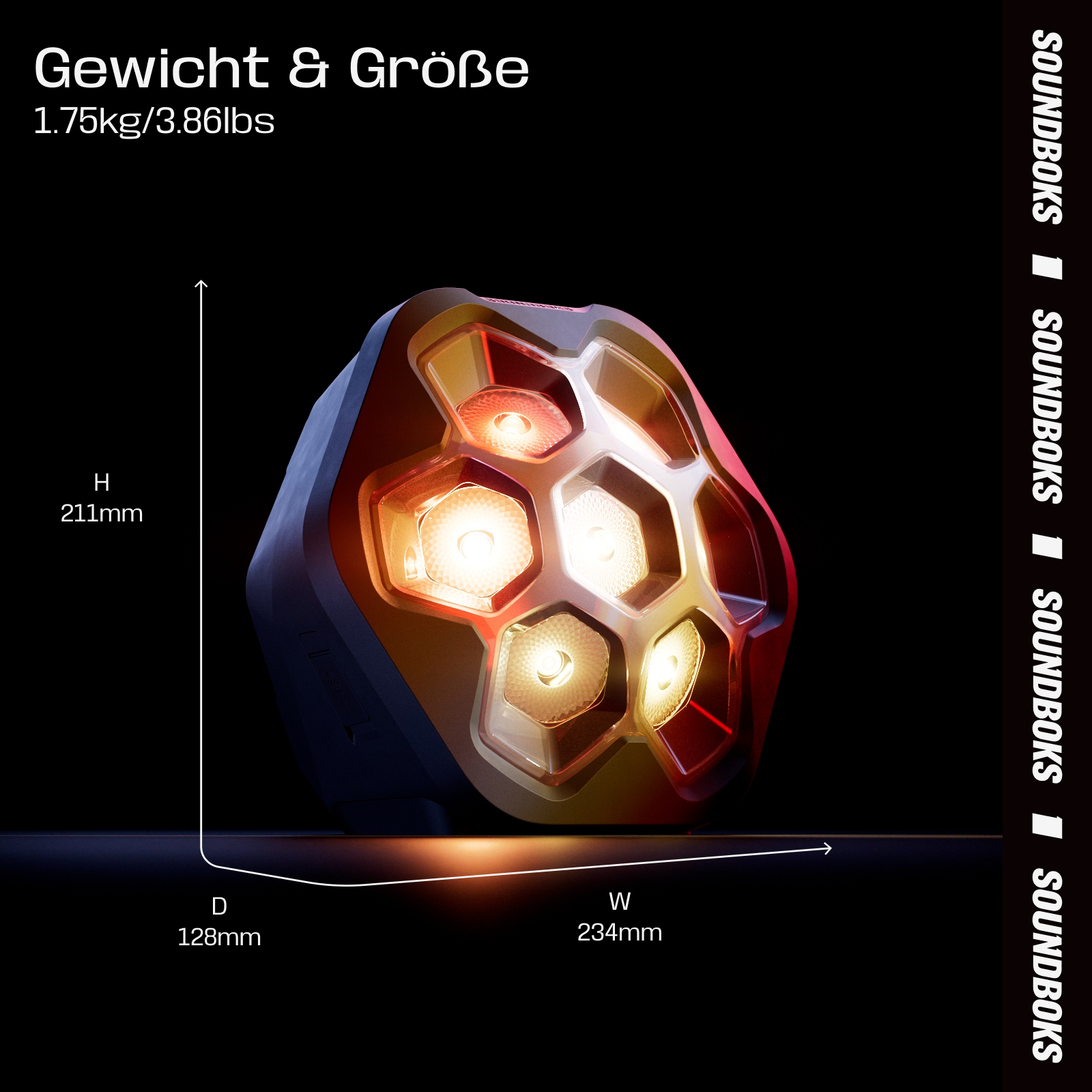 Ein Lautsprecher mit Wabenlichtern. Schwarzer Hintergrund mit Abmessungen und Gewichtsangaben. Soundboks-Logo sichtbar.