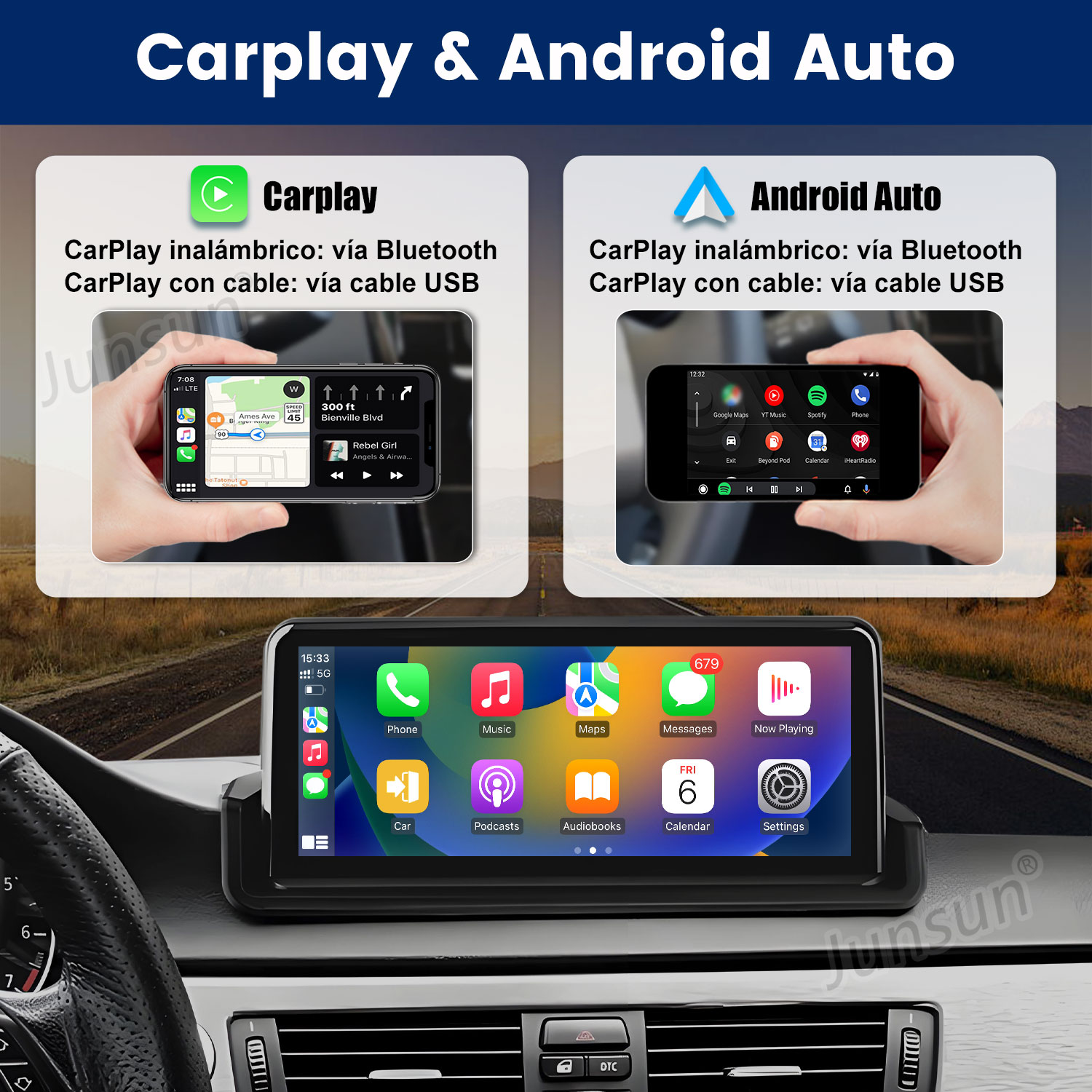 La imagen muestra interfaces CarPlay y Android Auto en la pantalla de un coche, con iconos de aplicaciones y detalles de navegación.